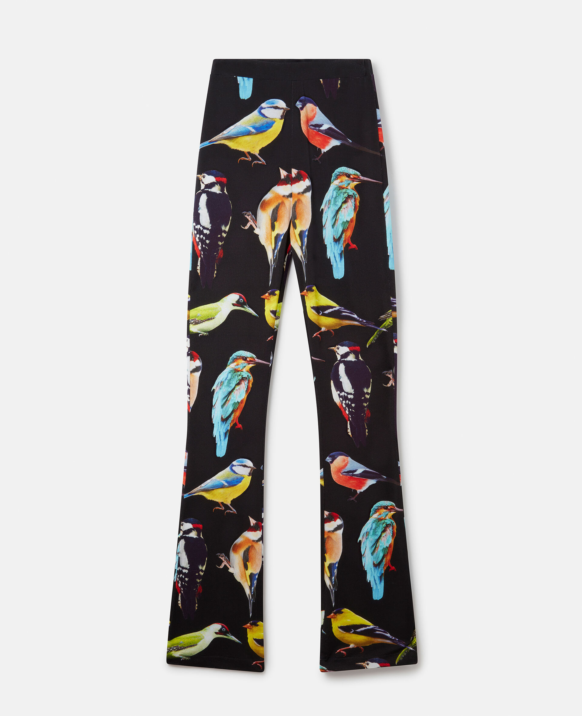 Bird Print Stretch Flared Trousers-Black-large image number 0