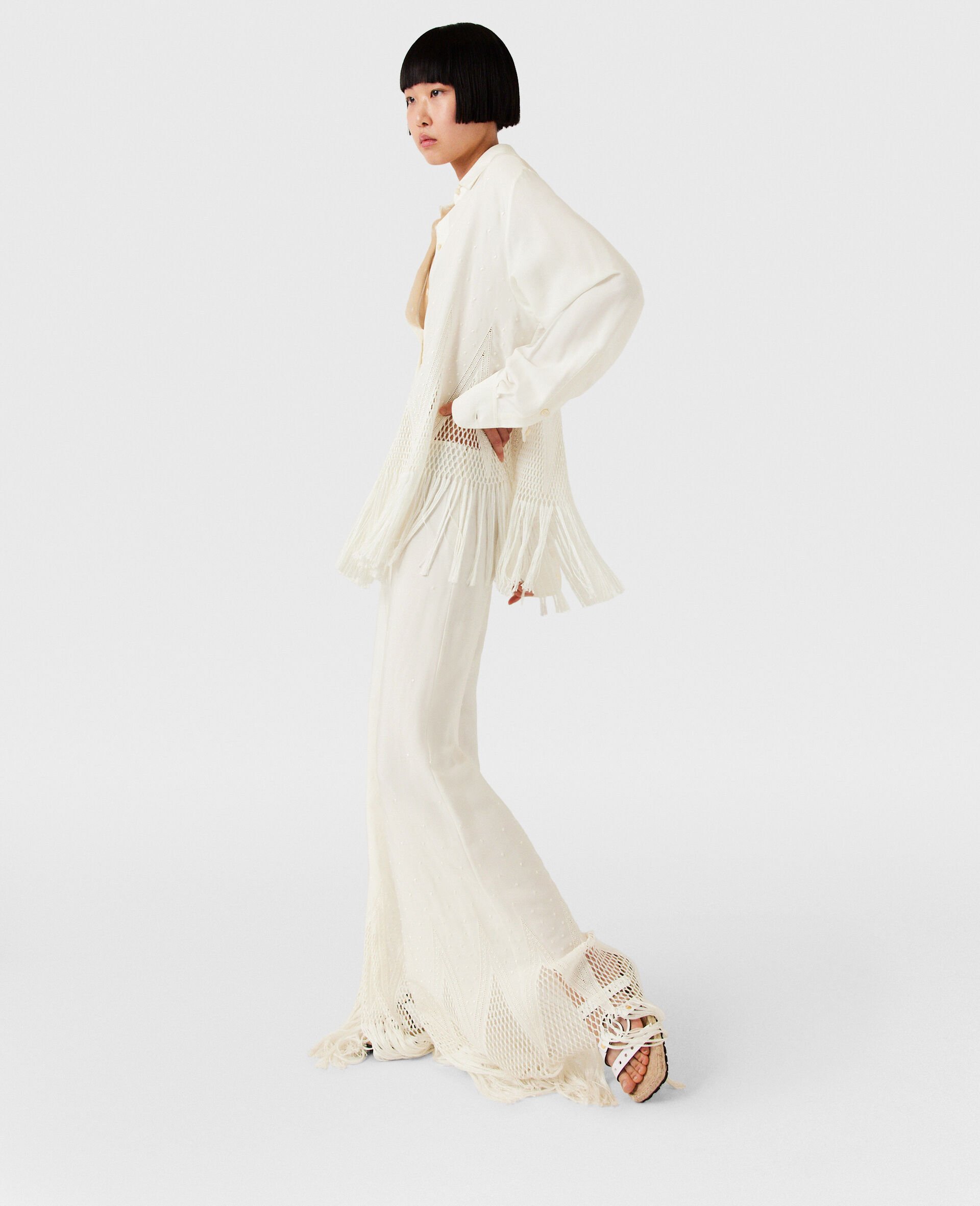 Open-Knit Fringe Wide-Leg Trousers-Cream-large image number 2