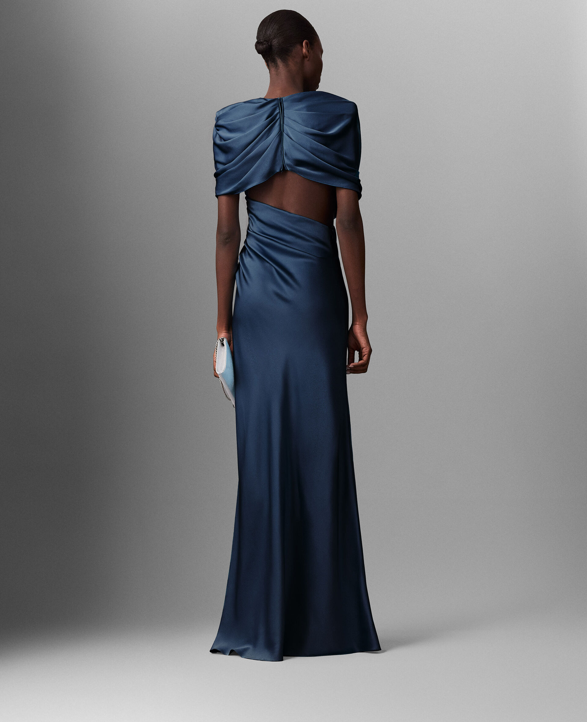 Satin Wrapped Short-Sleeve Maxi Dress-Blue-large image number 4