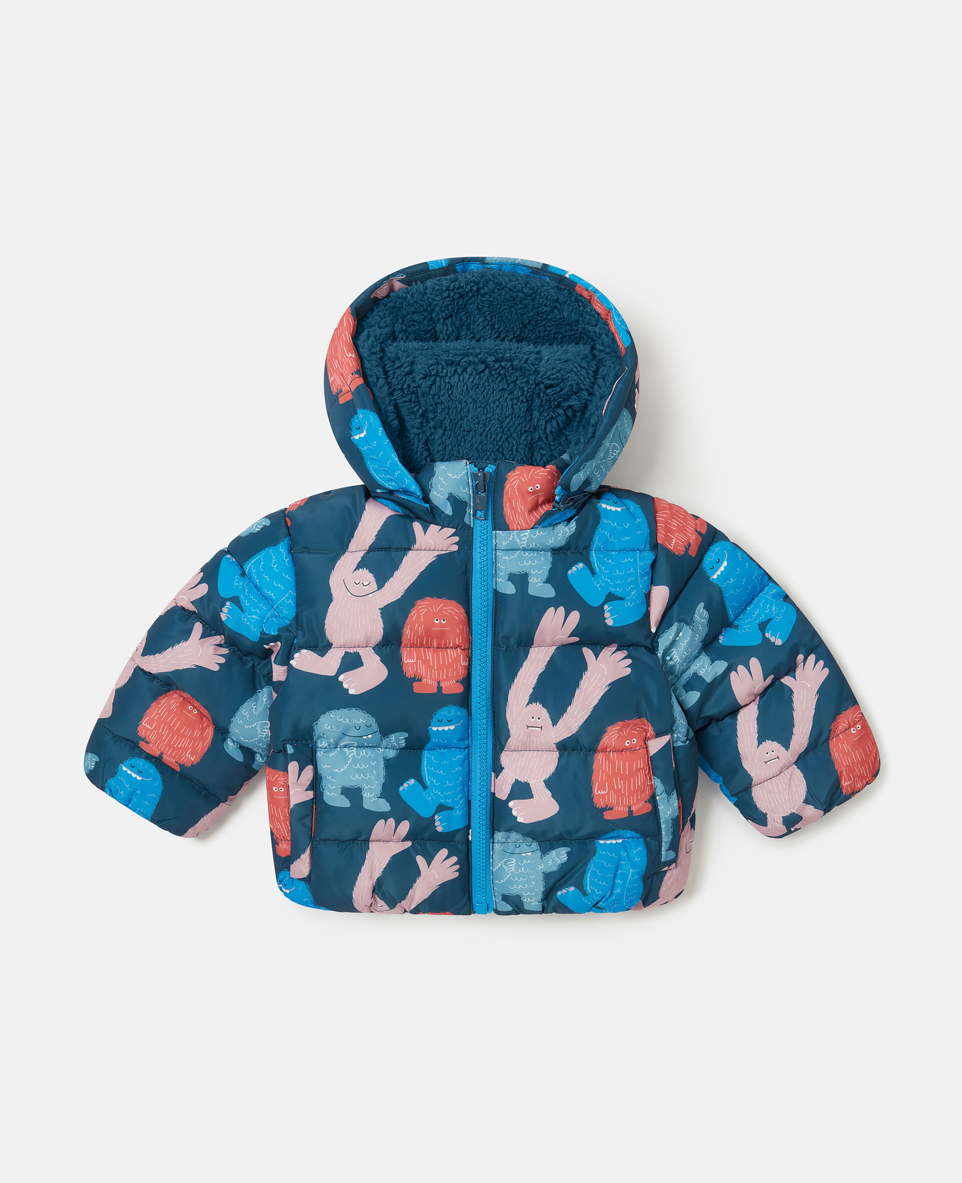 Monster Print Hooded Puffer Coat-Blue-medium