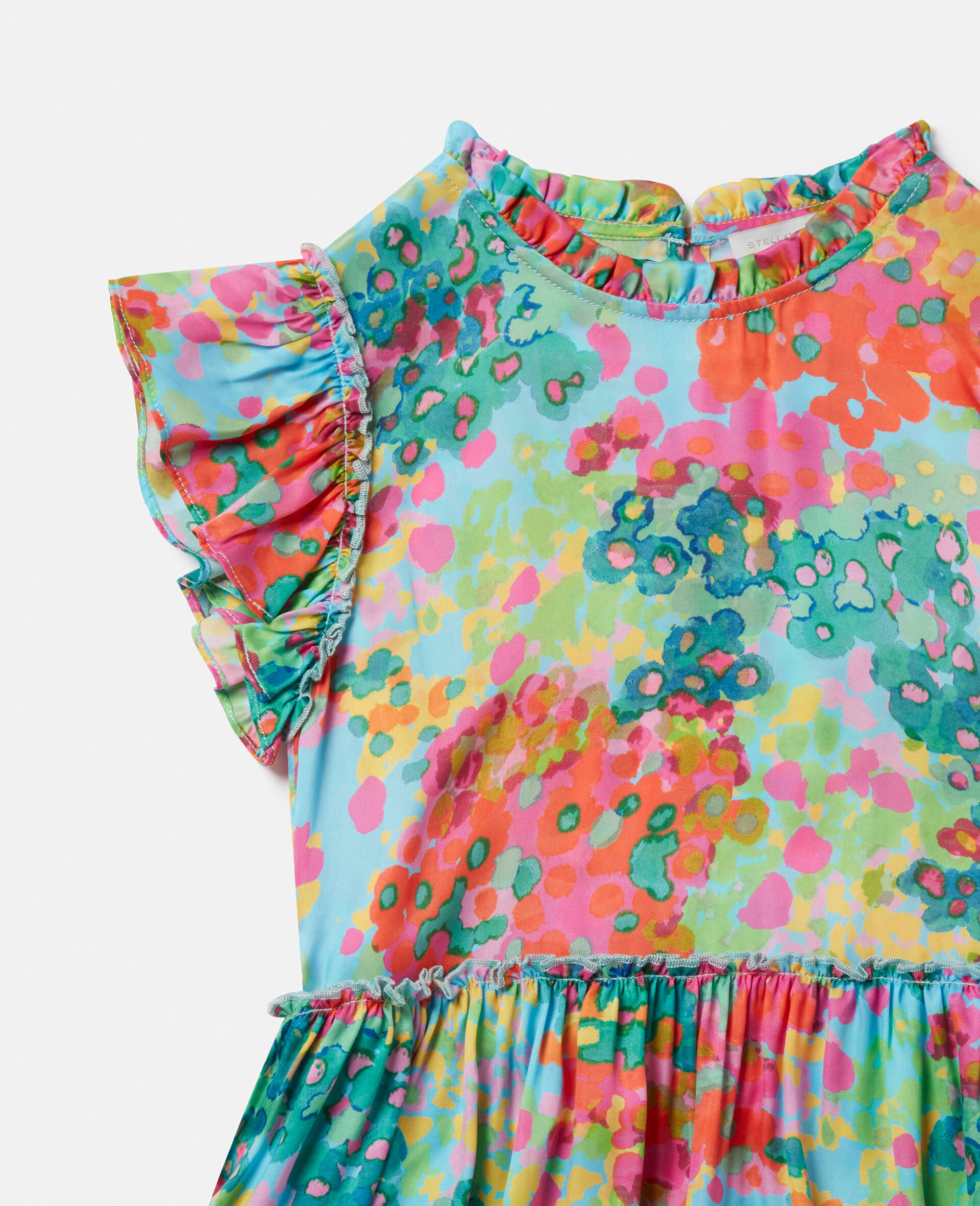 Painted Floral Print Frill Trim Dress-Blue-large image number 1