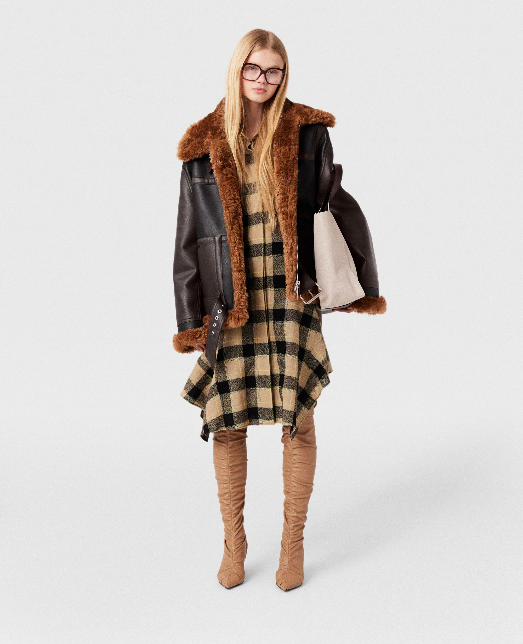 Women Midnight black and chocolate brown Plush Teddy Paneled Biker Jacket | Stella  McCartney US