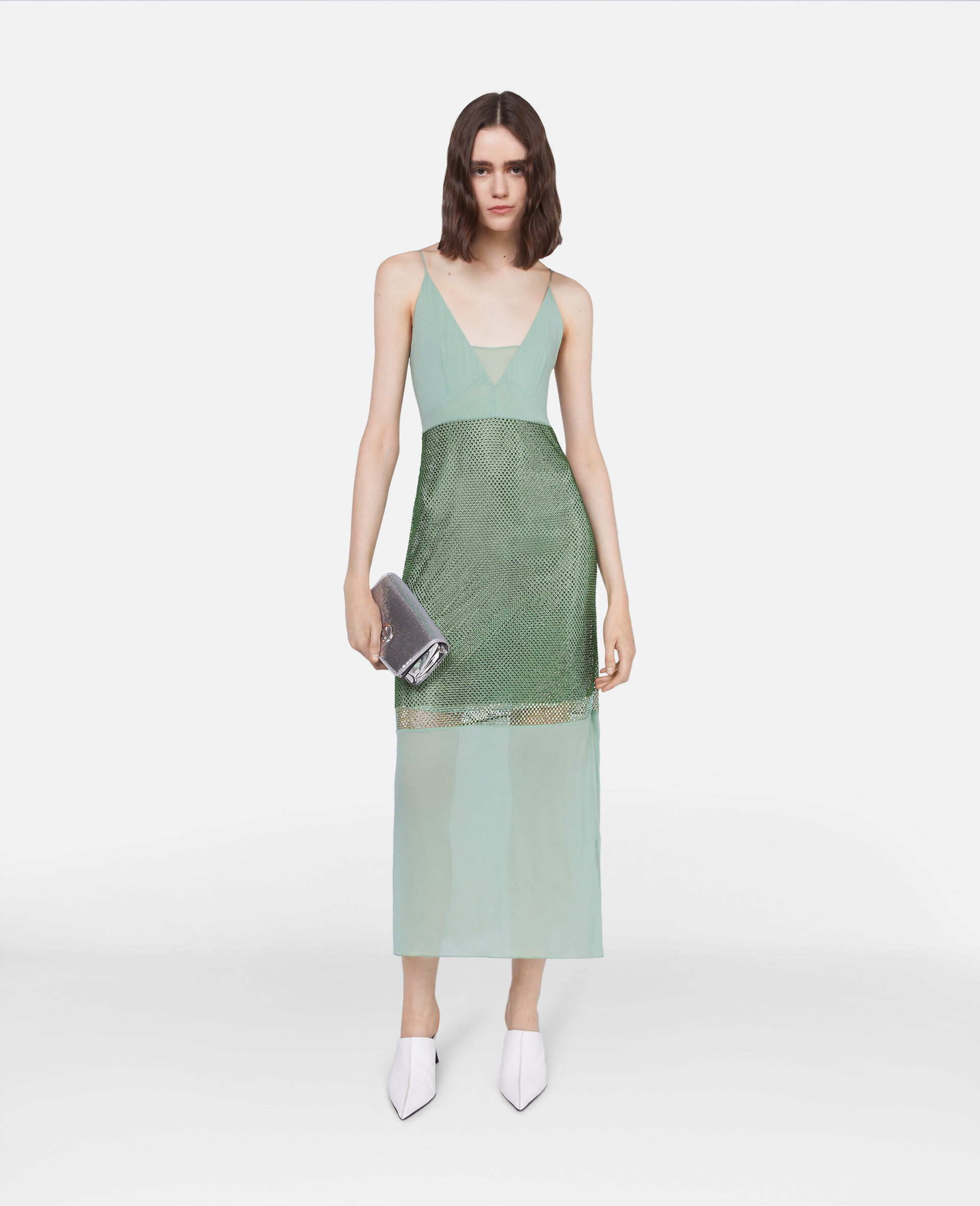 Crystal Panel Satin Slip Dress-Green-model