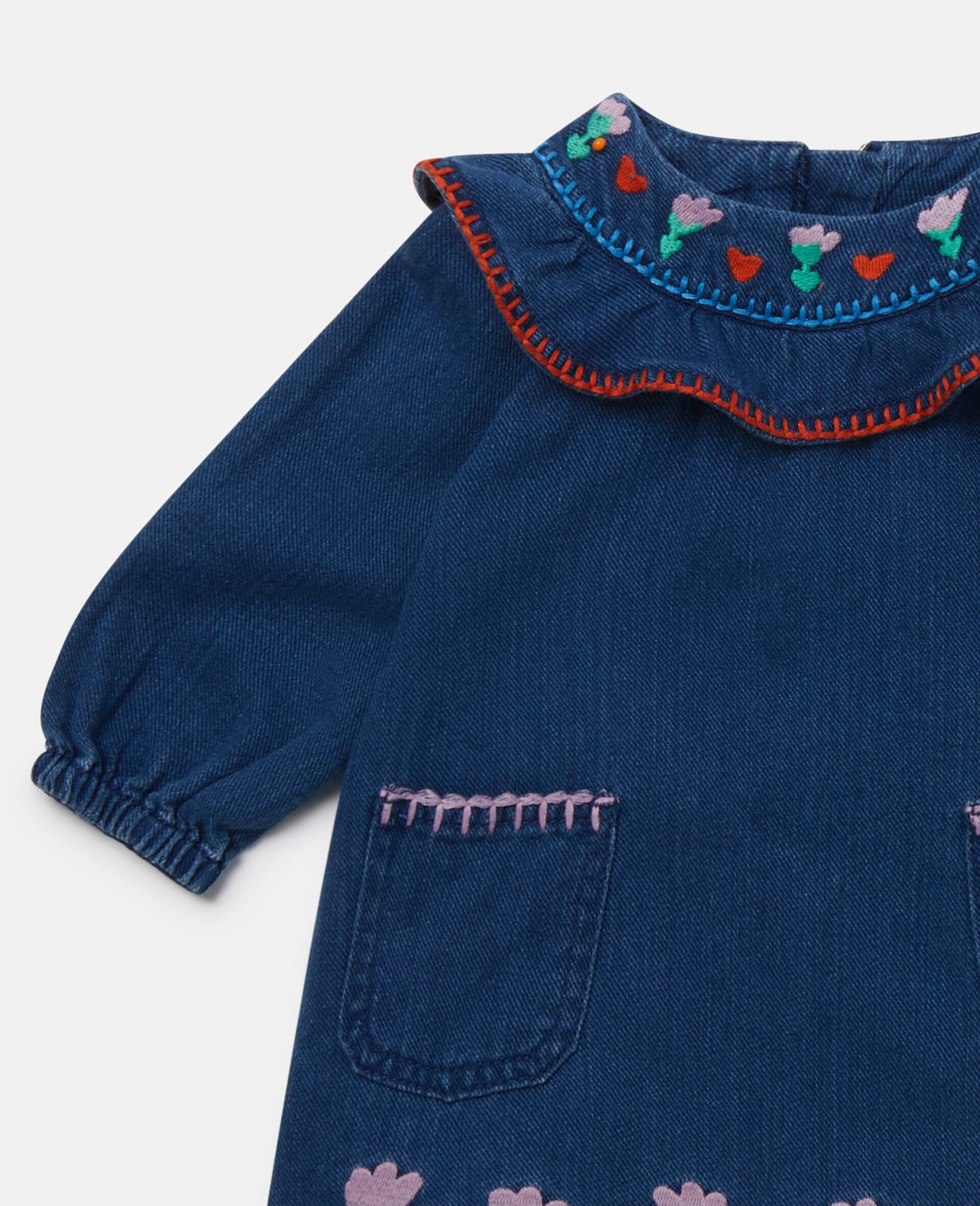 Folk Flower Embroidery Denim Dress-Blue-large image number 1