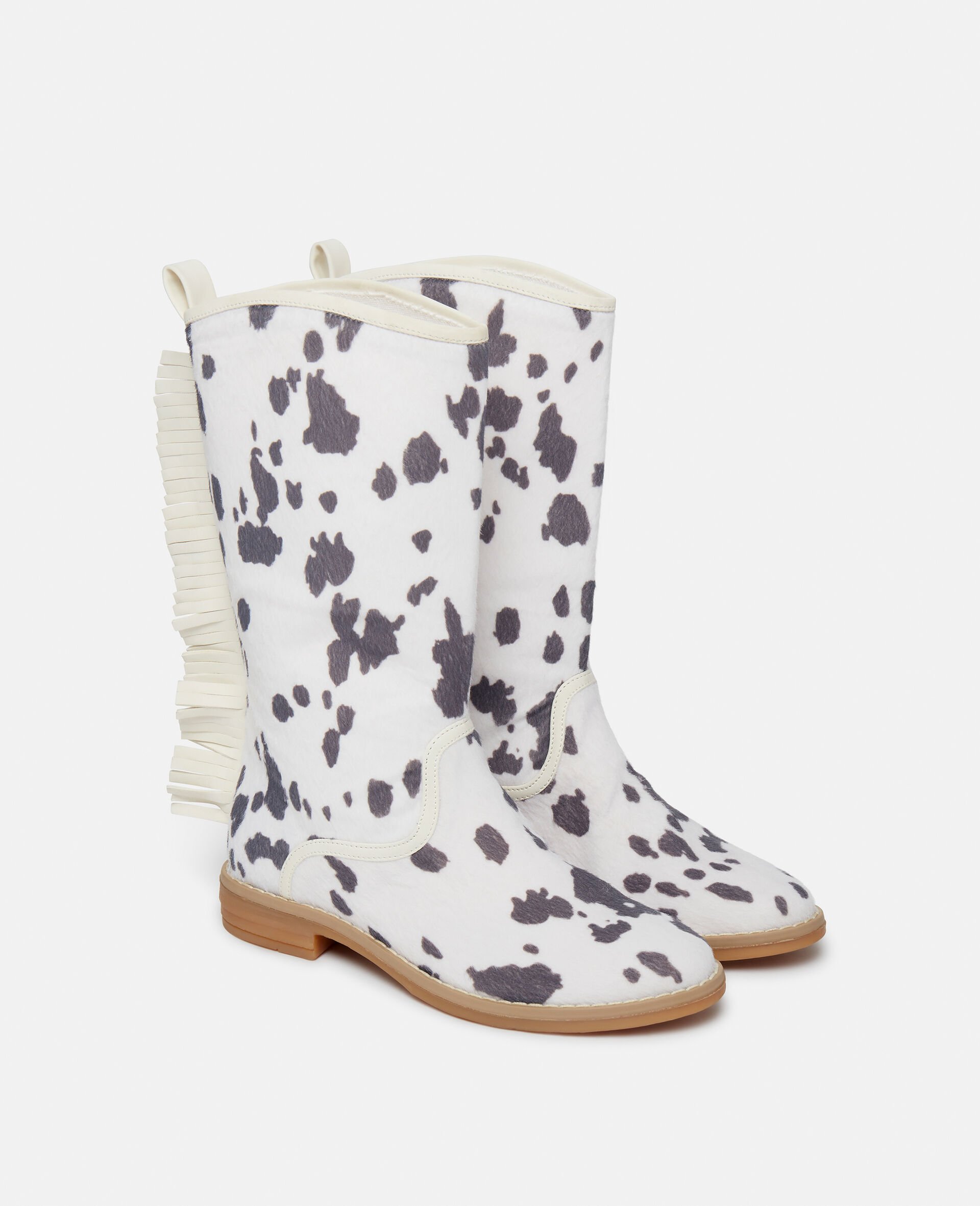 Cow Pattern Fringed Western Boots-White-large Cow Pattern Fringed Western Boots-White-large image number 1