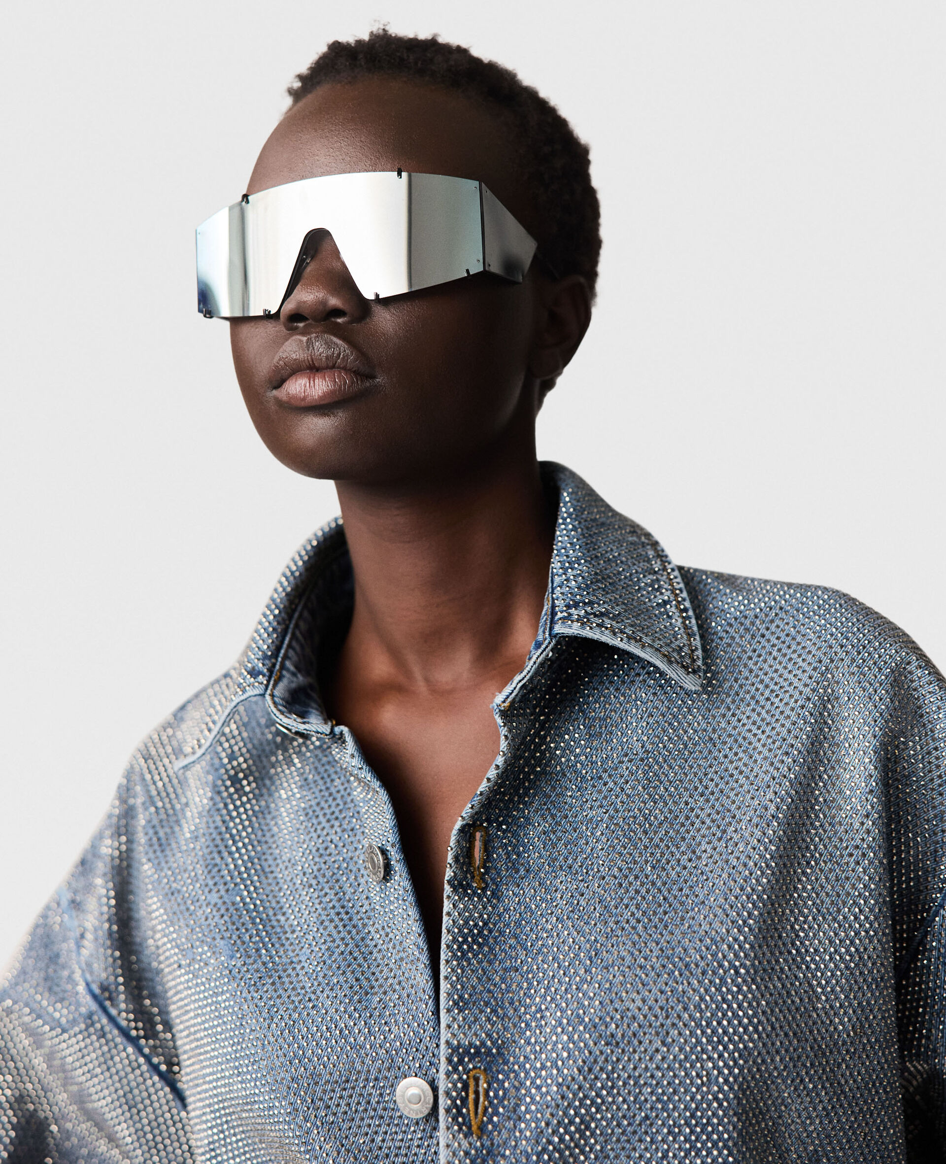 Oversized Crystal-Embellished Denim Shirt-Silver-large image number 3