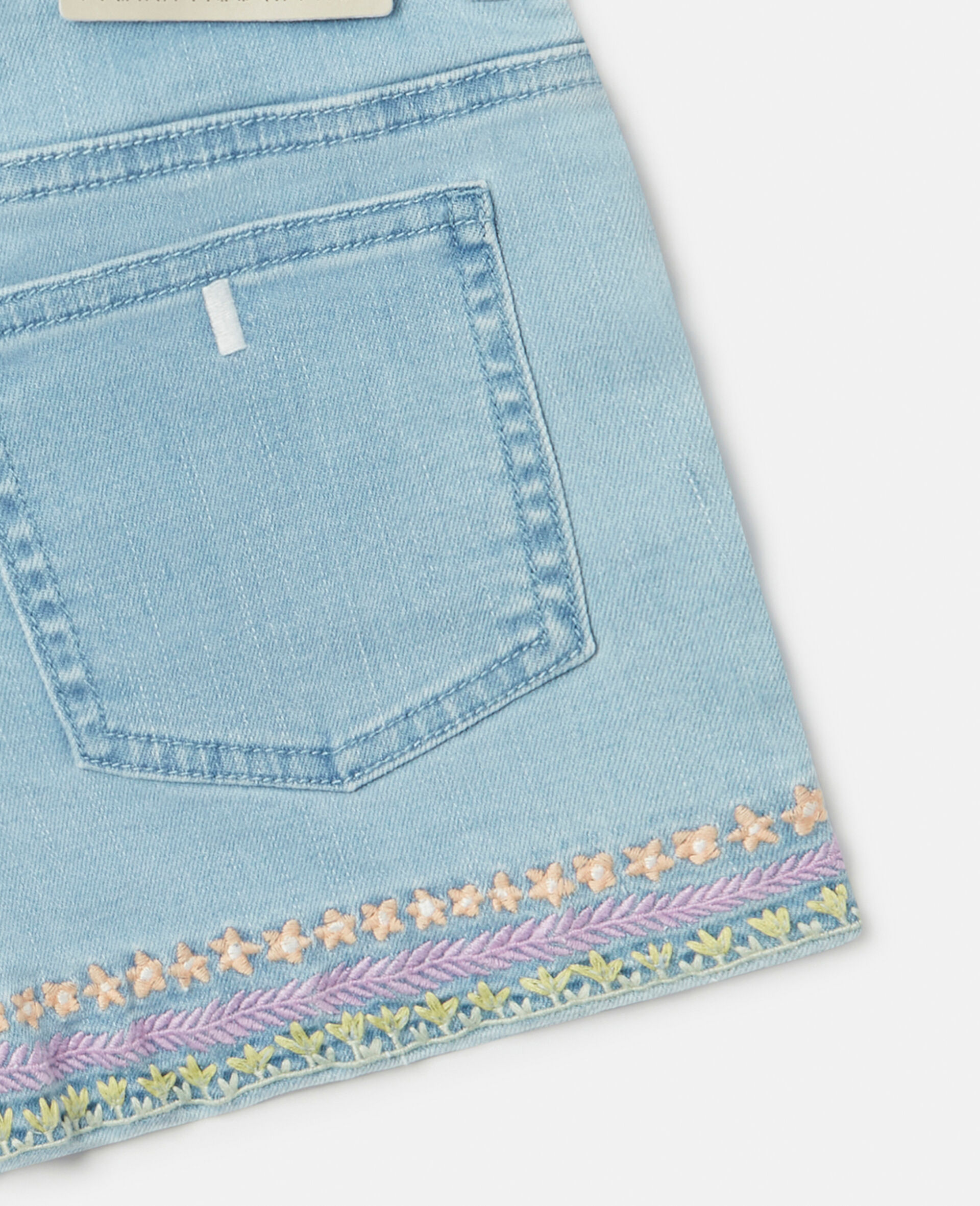 Flower Line Embroidery Denim Shorts-Blue-large image number 3