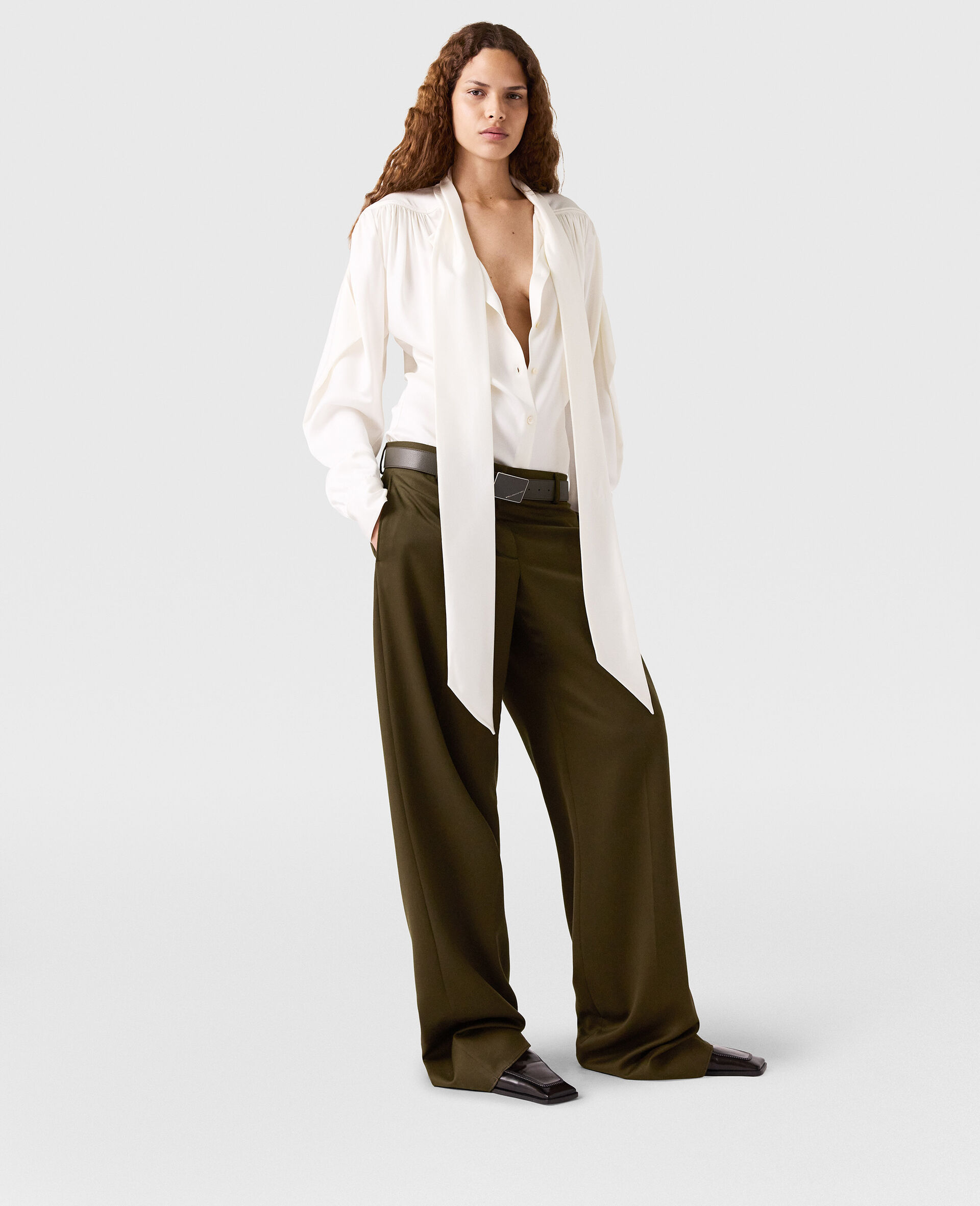 Neck-Tie Shoulder Pad Long-Sleeve Shirt-White-large Neck-Tie Shoulder Pad Long-Sleeve Shirt-White-large image number 5