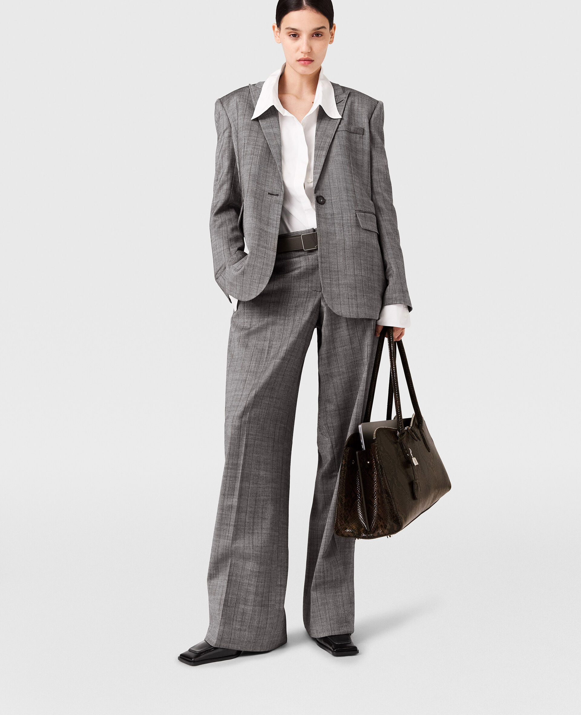Pinstripe Pleated Straight-Leg Pants-Grey-model
