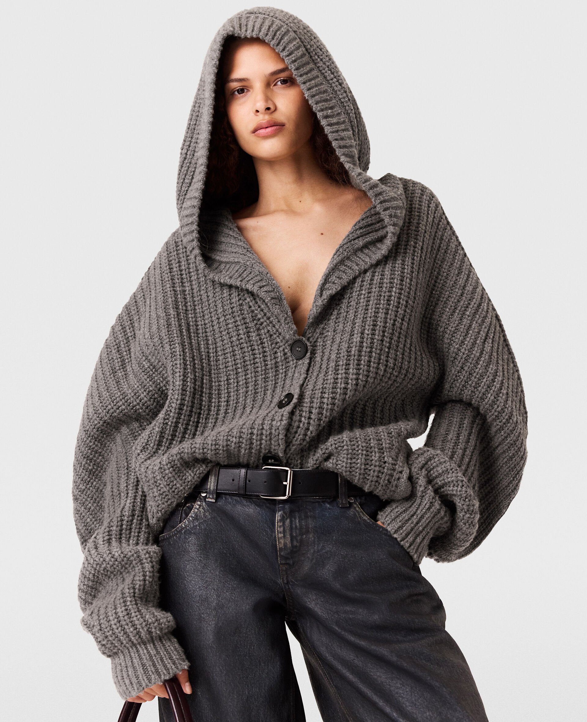 Cardigan con Cappuccio a Coste Spesse-Grigio-large Cardigan con Cappuccio a Coste Spesse-Grigio-large image number 4