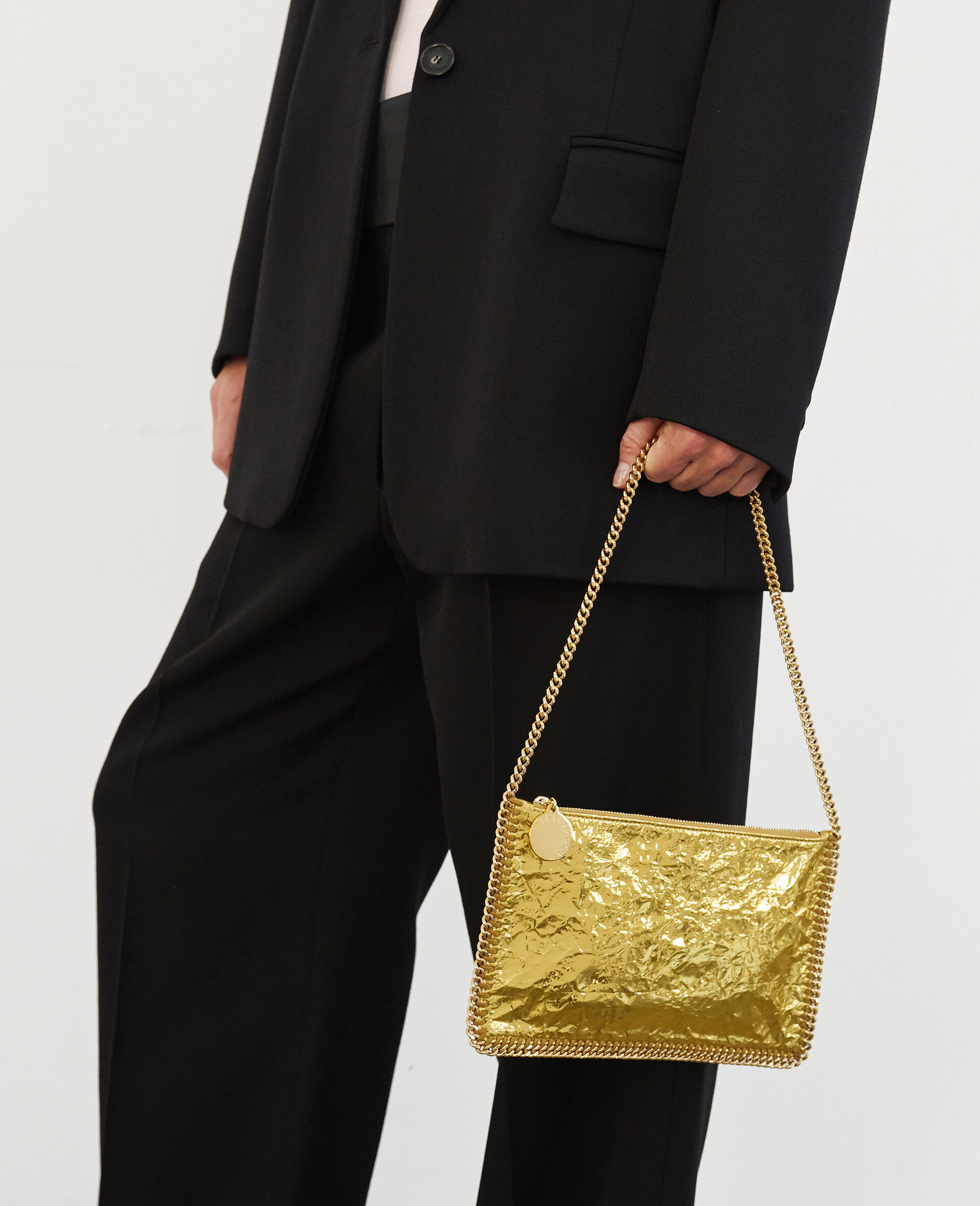 Crinkled Metallic Falabella Wallet Crossbody Bag-Gold-model