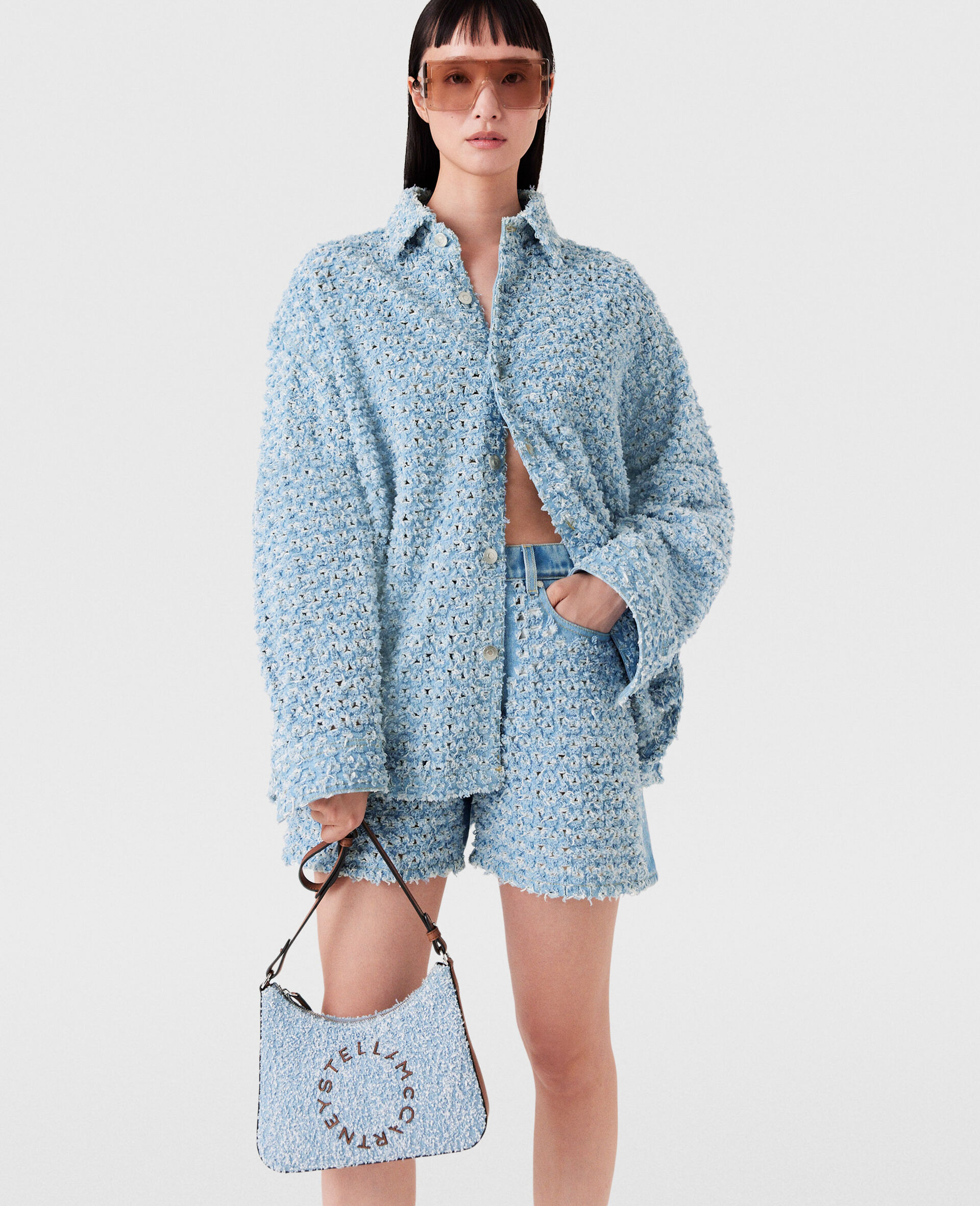 Mid-rise Denim Bouclé Shorts-Blue-model