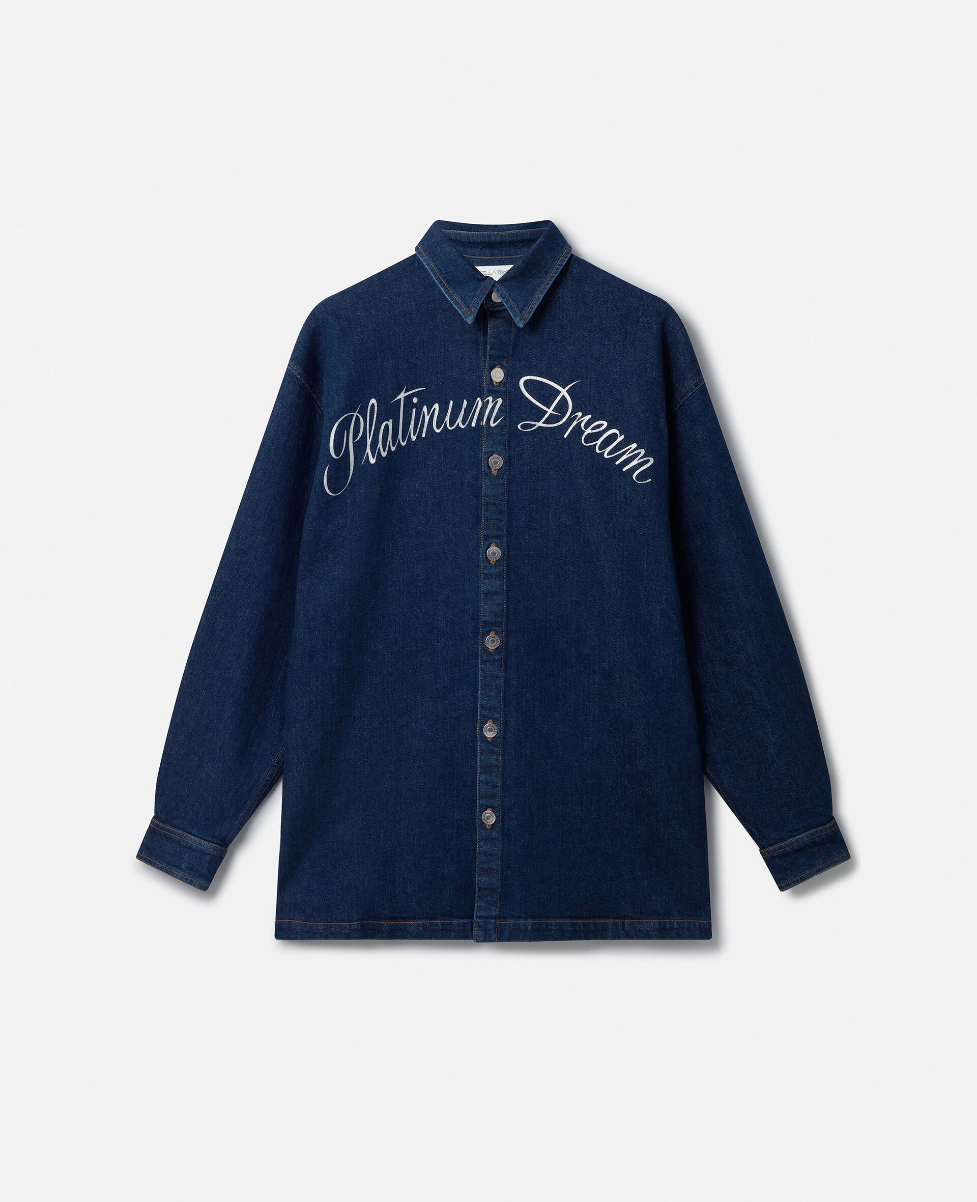Platinum Dream Embroidered Oversized Denim Shirt-Blue-model Platinum Dream Embroidered Oversized Denim Shirt-Blue-model