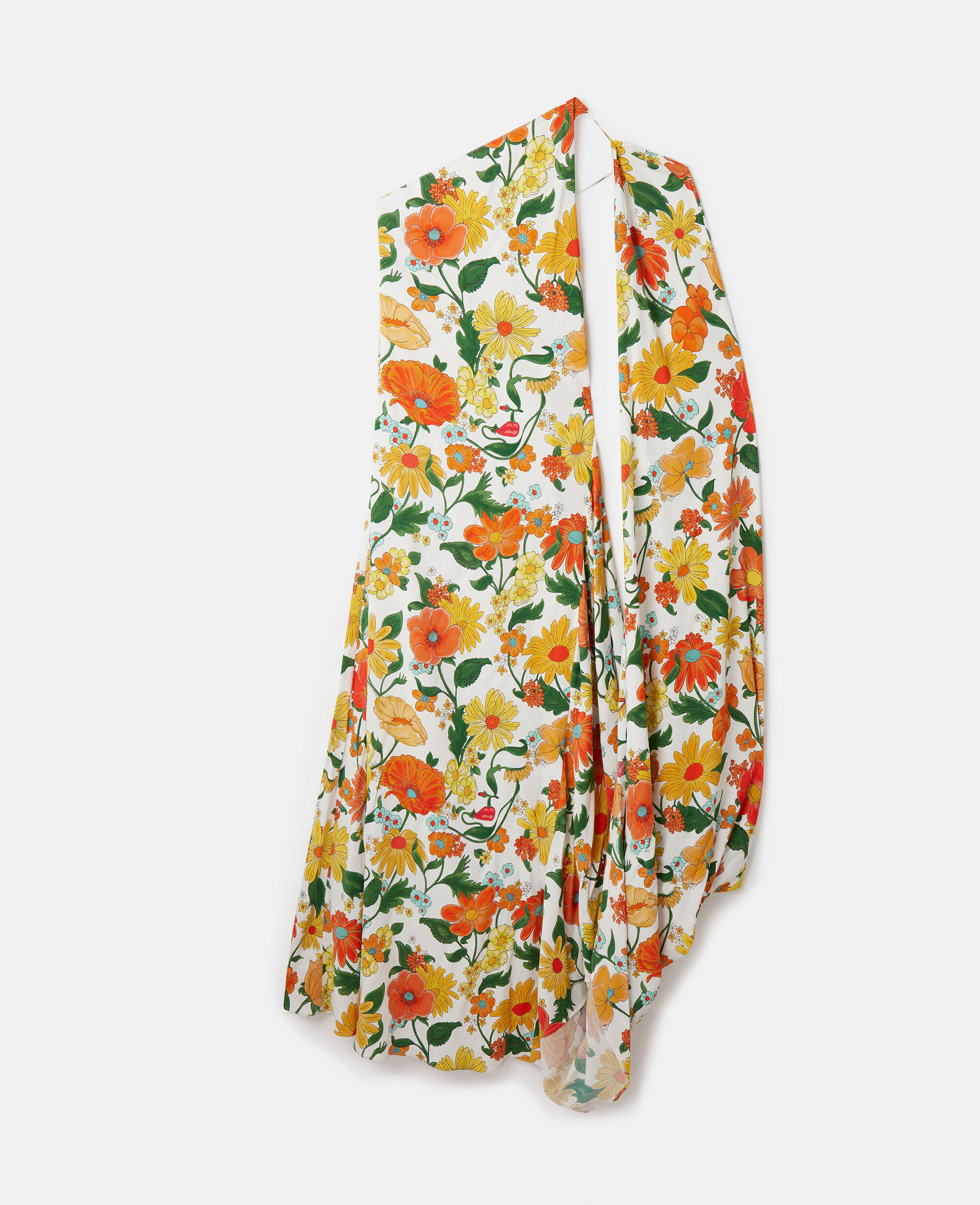 Women Orange Multicolour Lady Garden Print One Shoulder Cape Gown