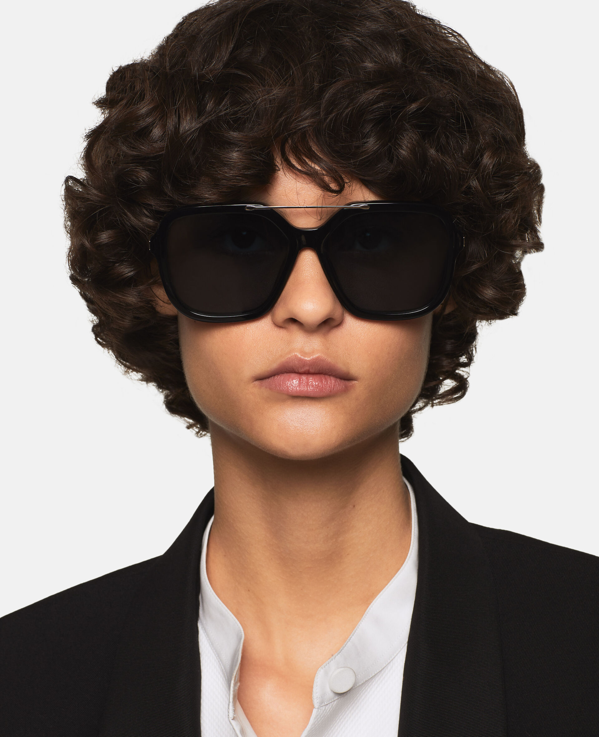 Oversized Square Metal Bar Sunglasses-Black-model