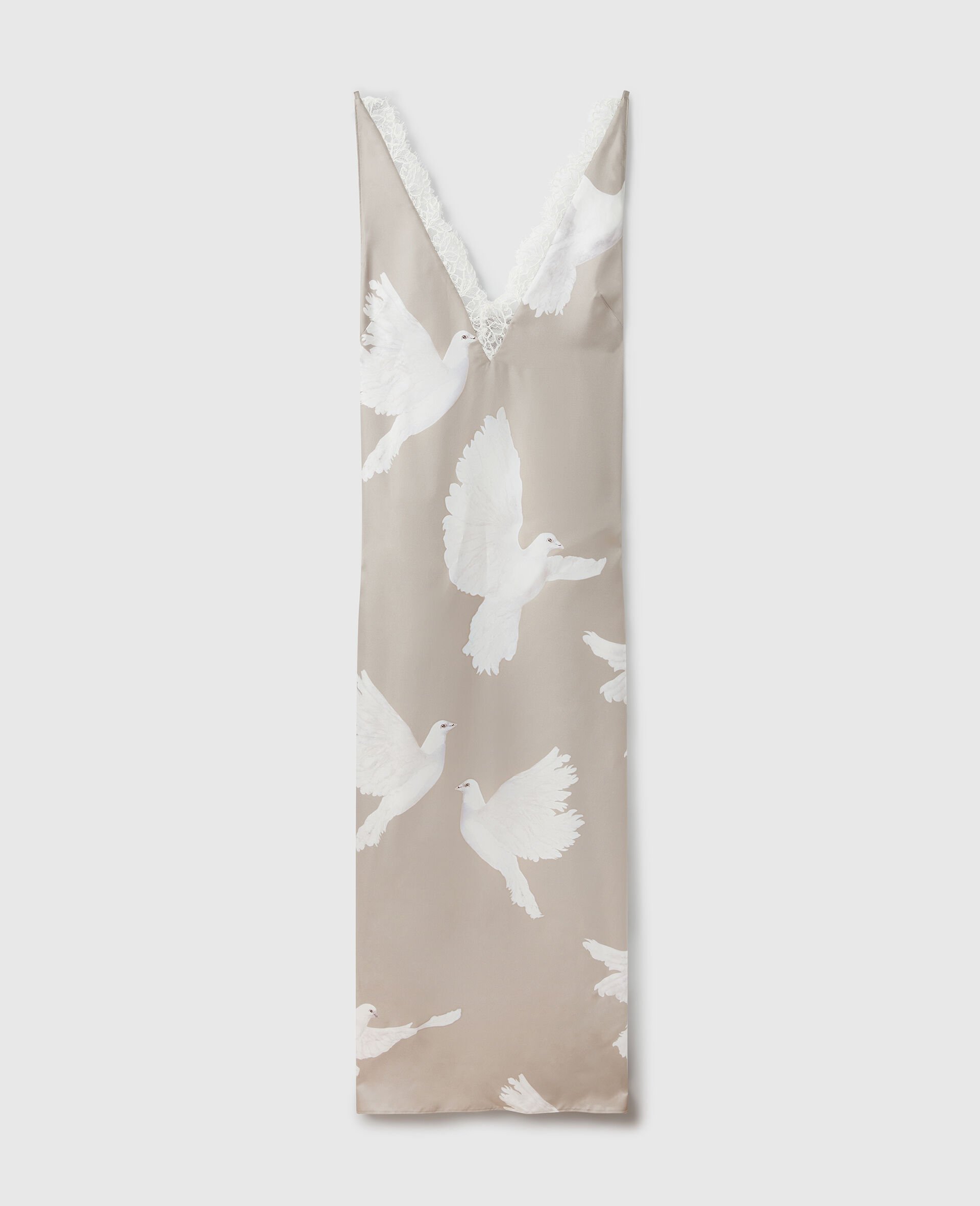 Sleeveless V-Neck Dove Print Midi Dress-Beige-large image number 0