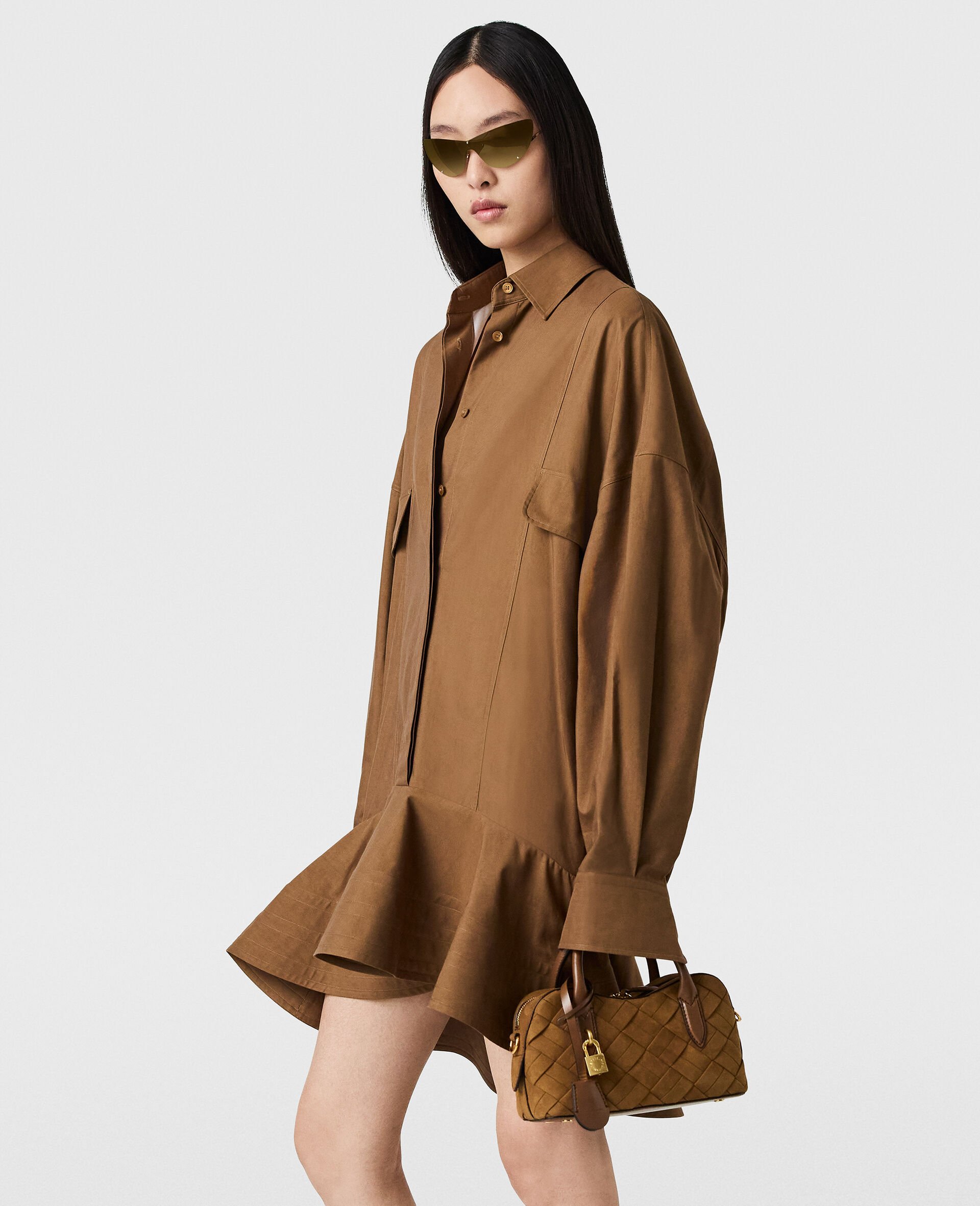 워시드 코튼 페플럼 셔츠 드레스-棕色-large image number 2