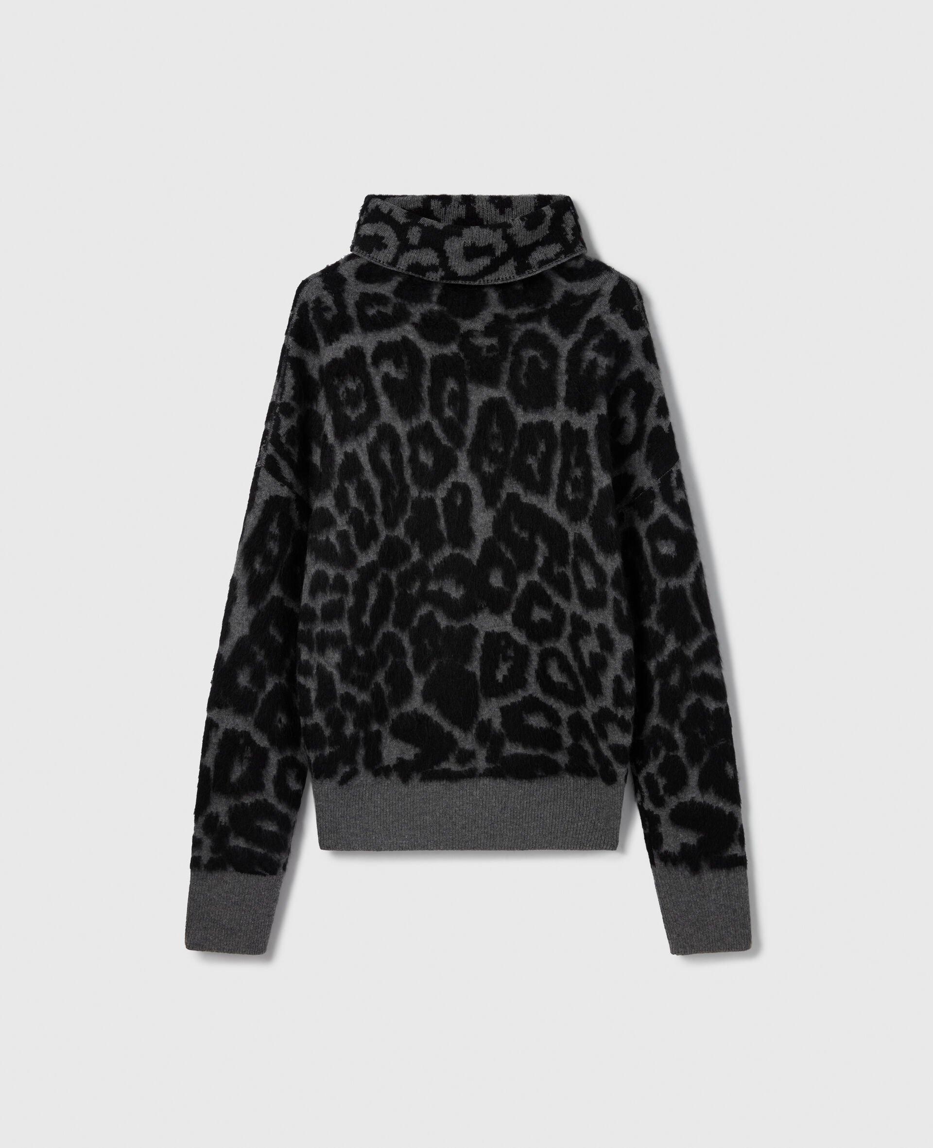 Leopard Jacquard Turtleneck Sweater-Black-large image number 0