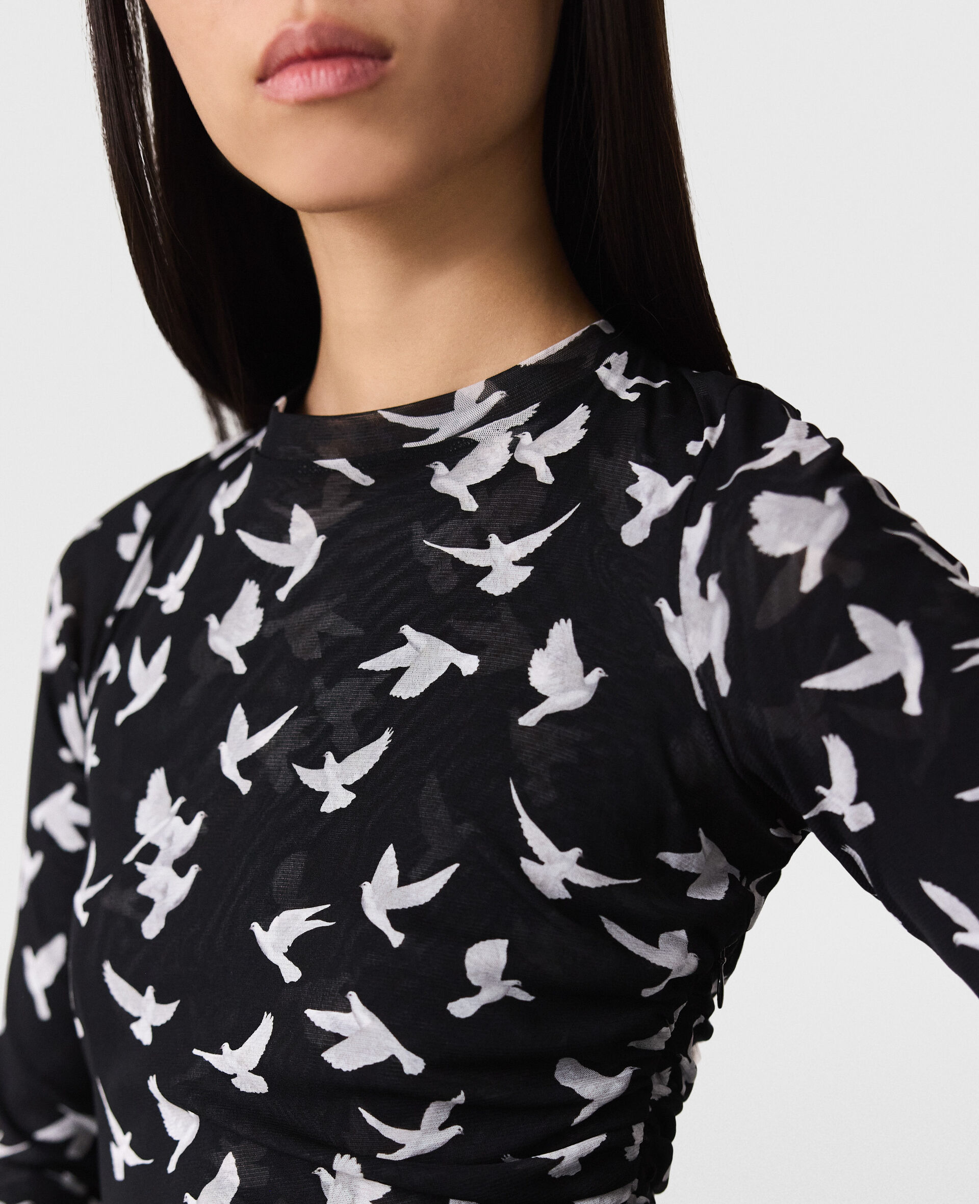 Dove Print Mesh Long Sleeve Dress-Black-large image number 5