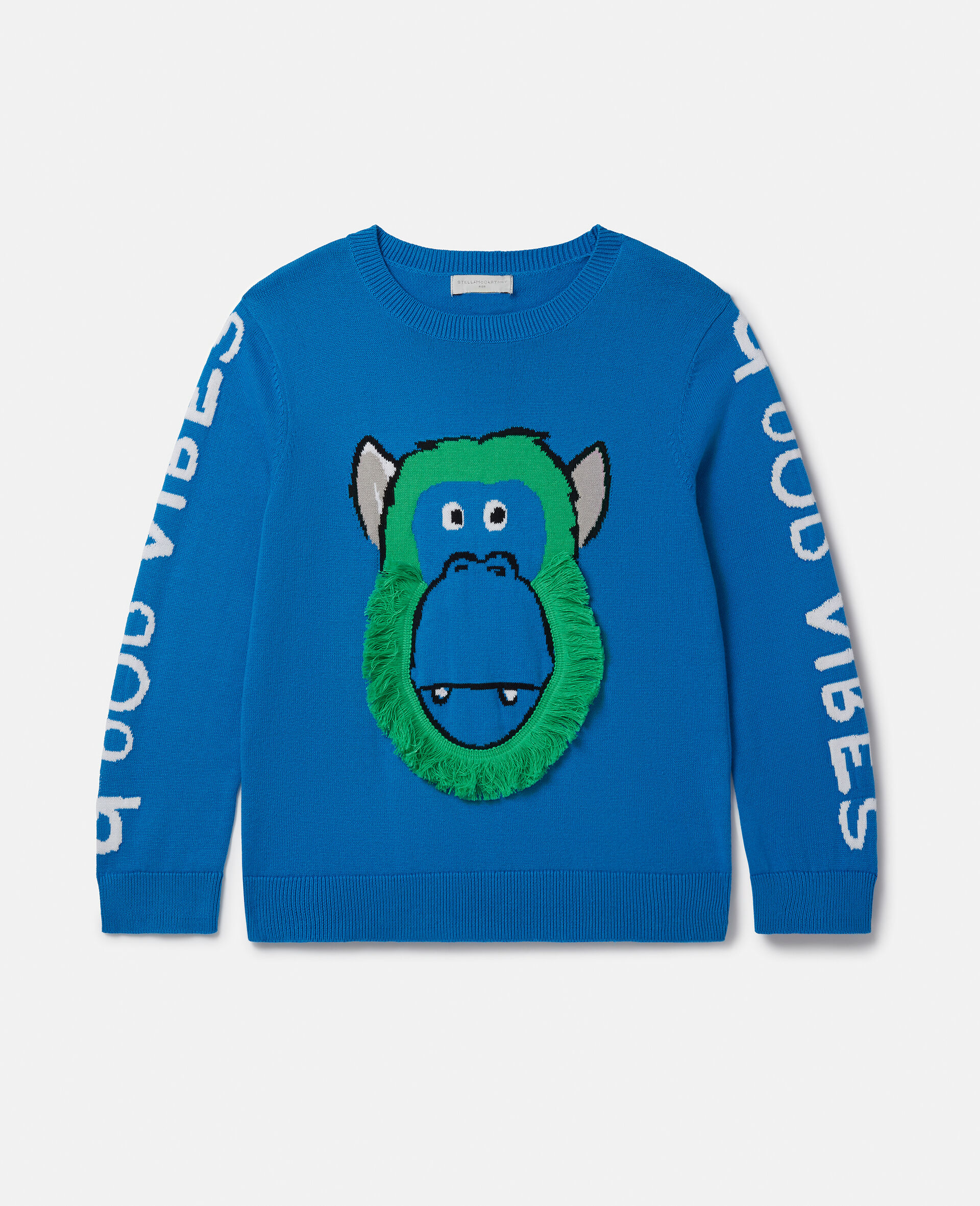 Fringed Monkey Intarsia Knit Jumper-Blue-large image number 0