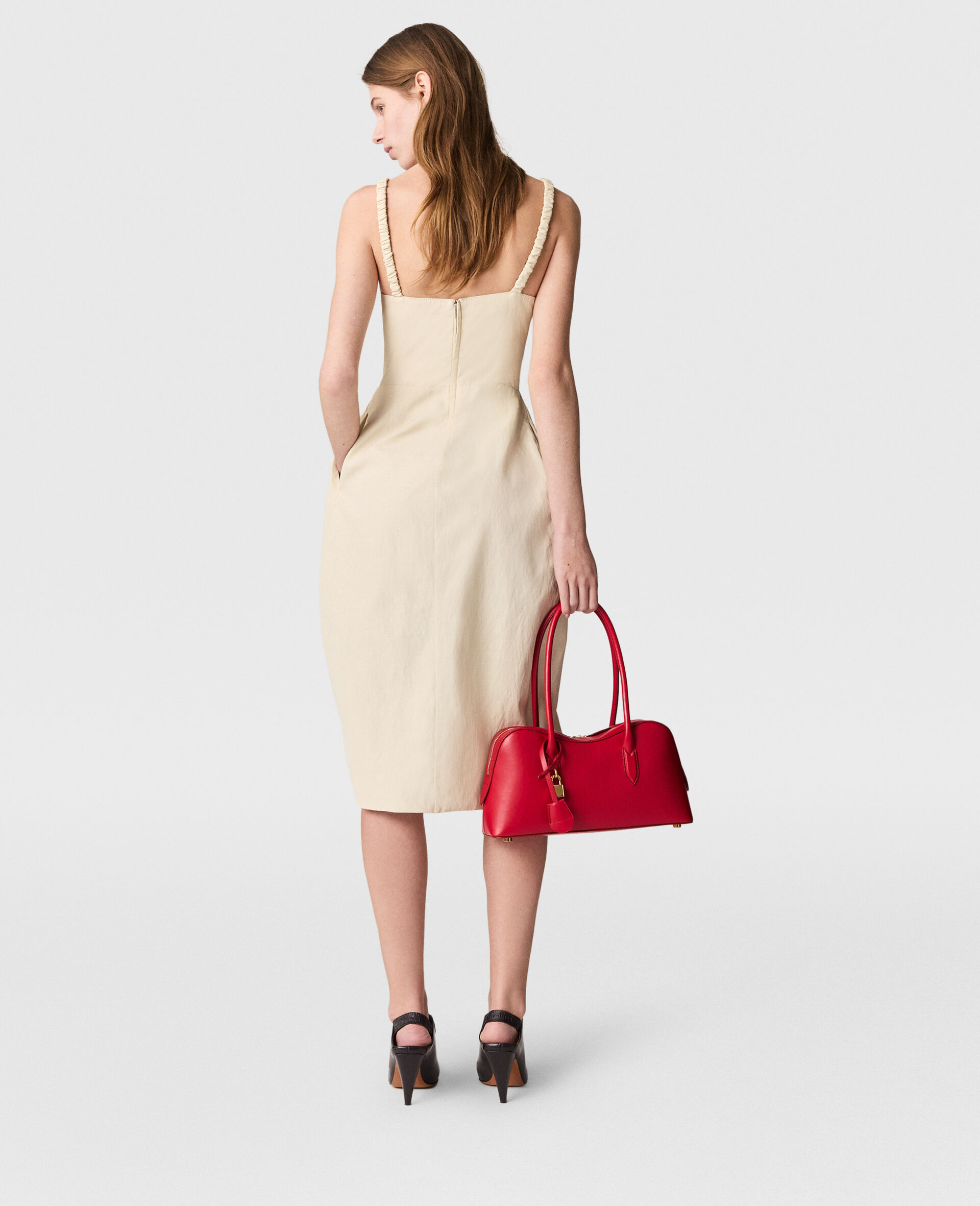 Robe midi a jupe plissee avec lanieres froncees-Beige-large image number 4