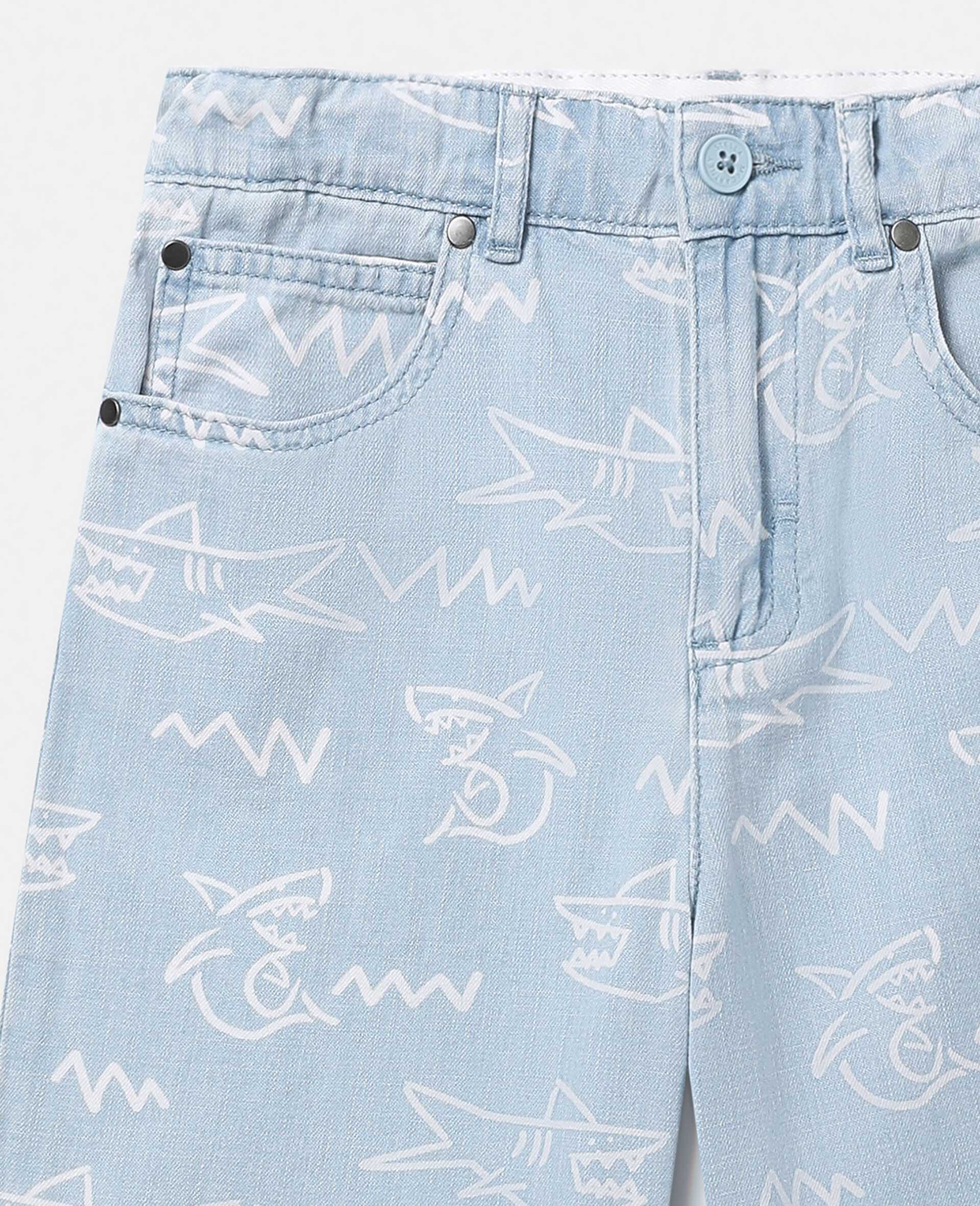 Shark Print Denim Shorts-Blue-large Shark Print Denim Shorts-Blue-large image number 3