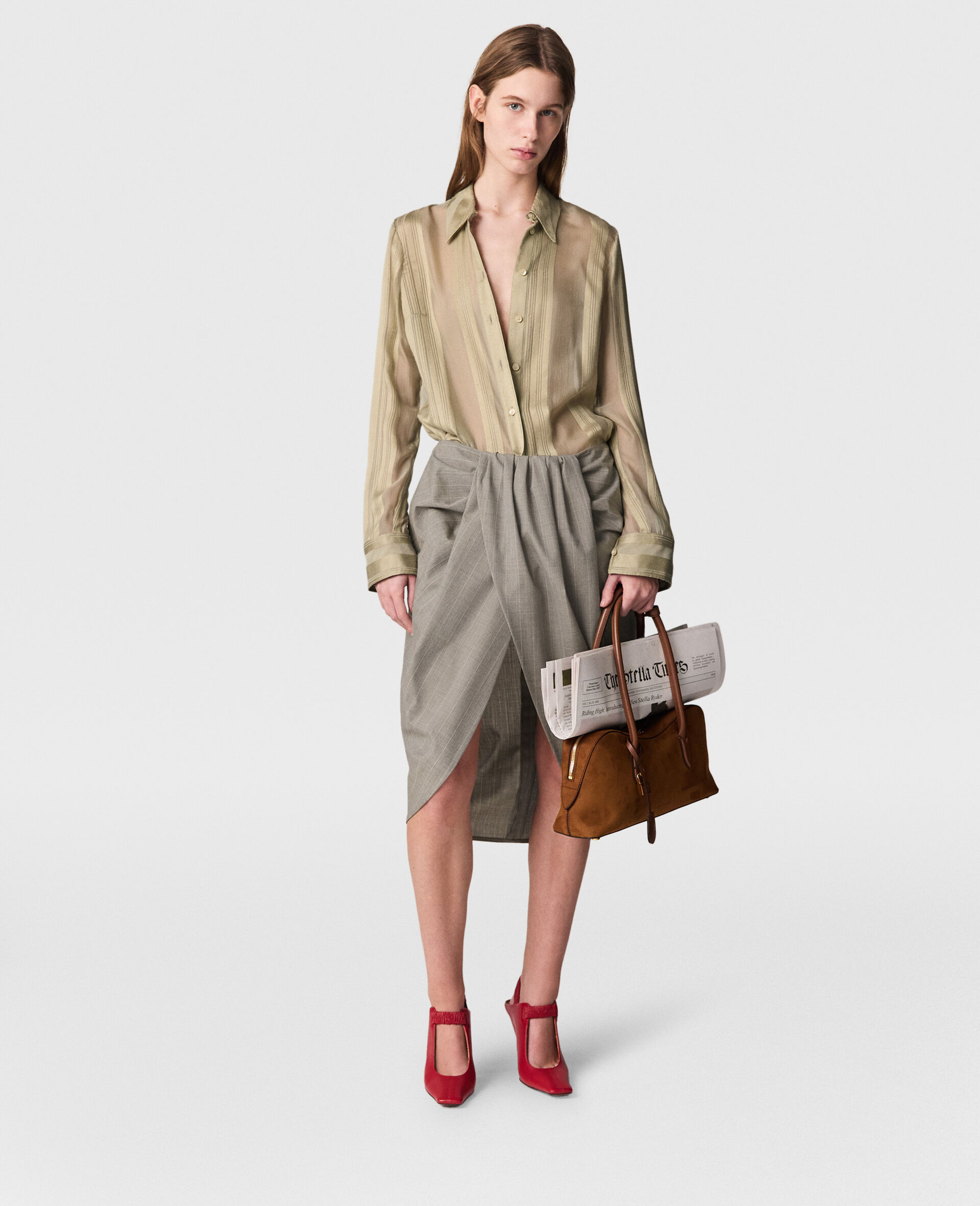 Ruched Wrapped Pinstripe Midi Skirt-Grey-model