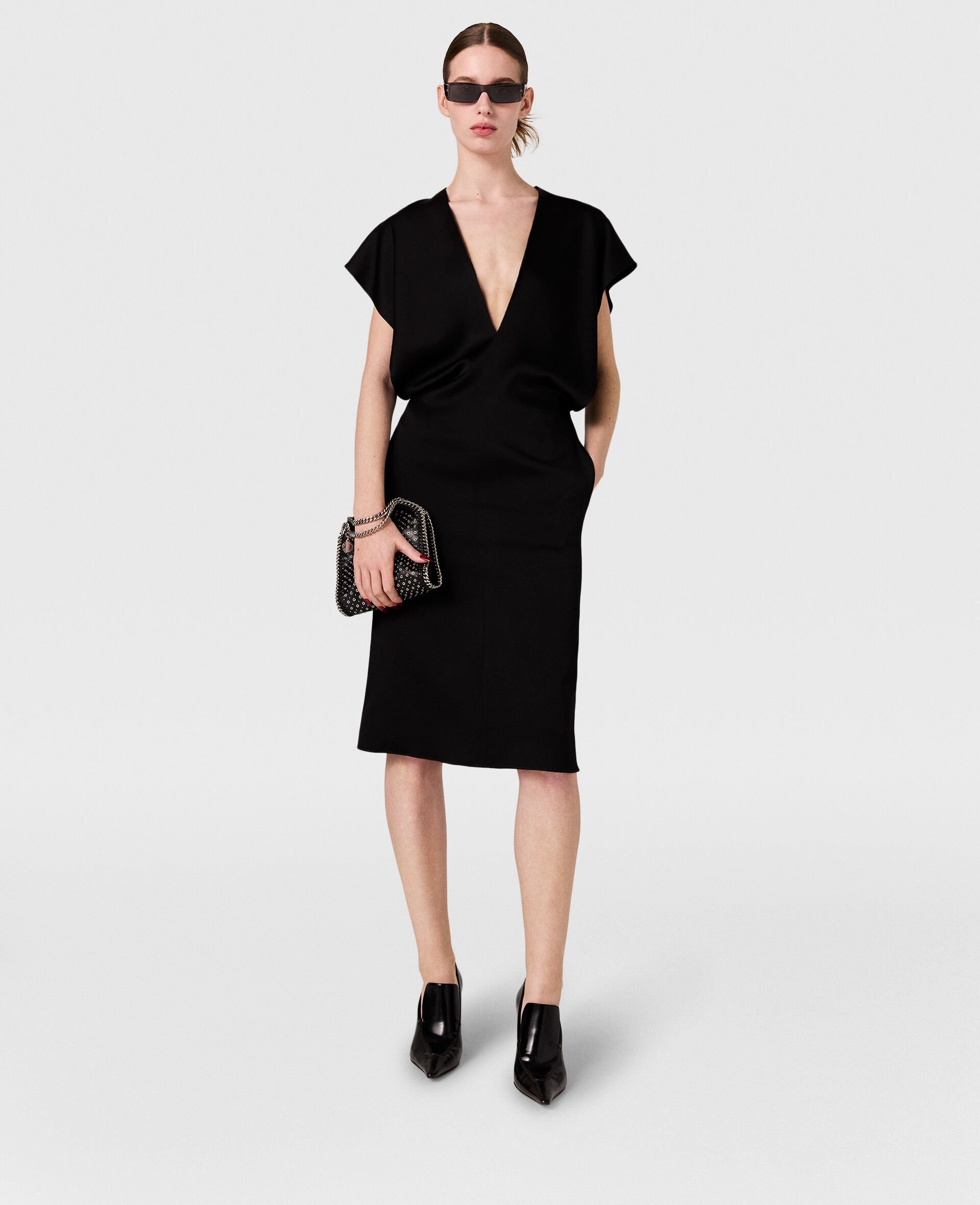 Deep V Cap Sleeved Midi Dress-Black-model