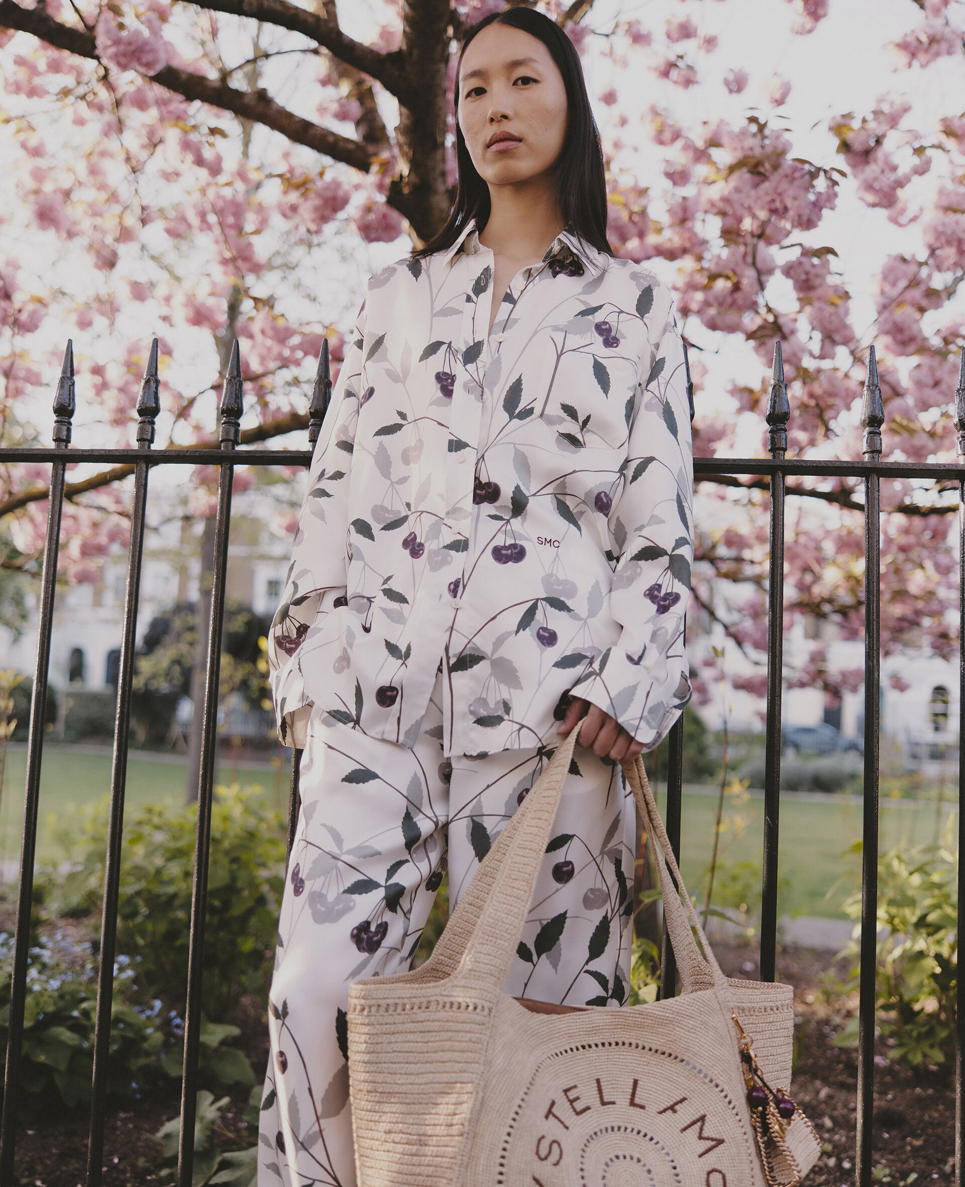 Cherry Print Oversized Shirt-Beige-large image number 5