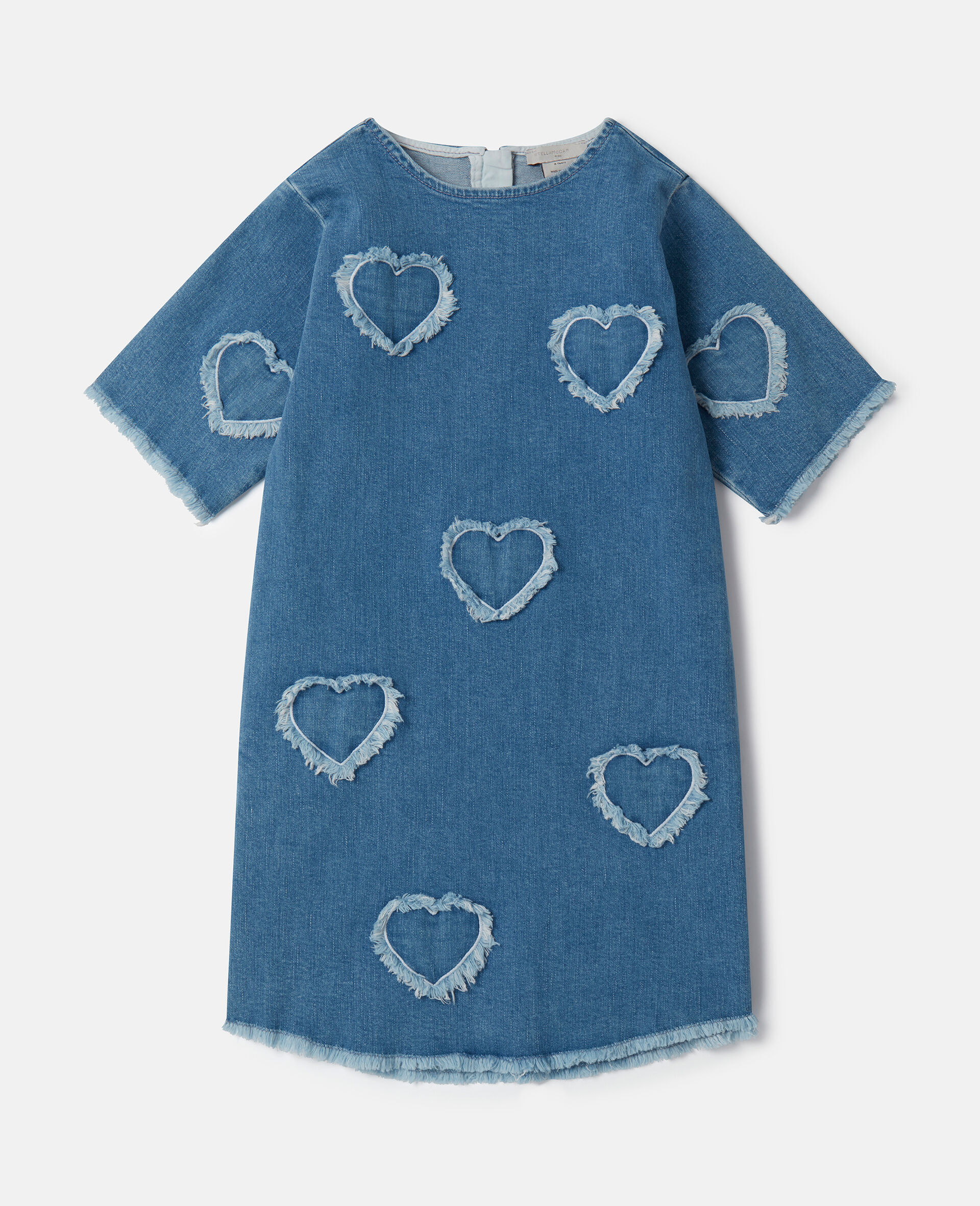 Fringed-Heart Patch Stretch-Denim Dress-Blue-model
