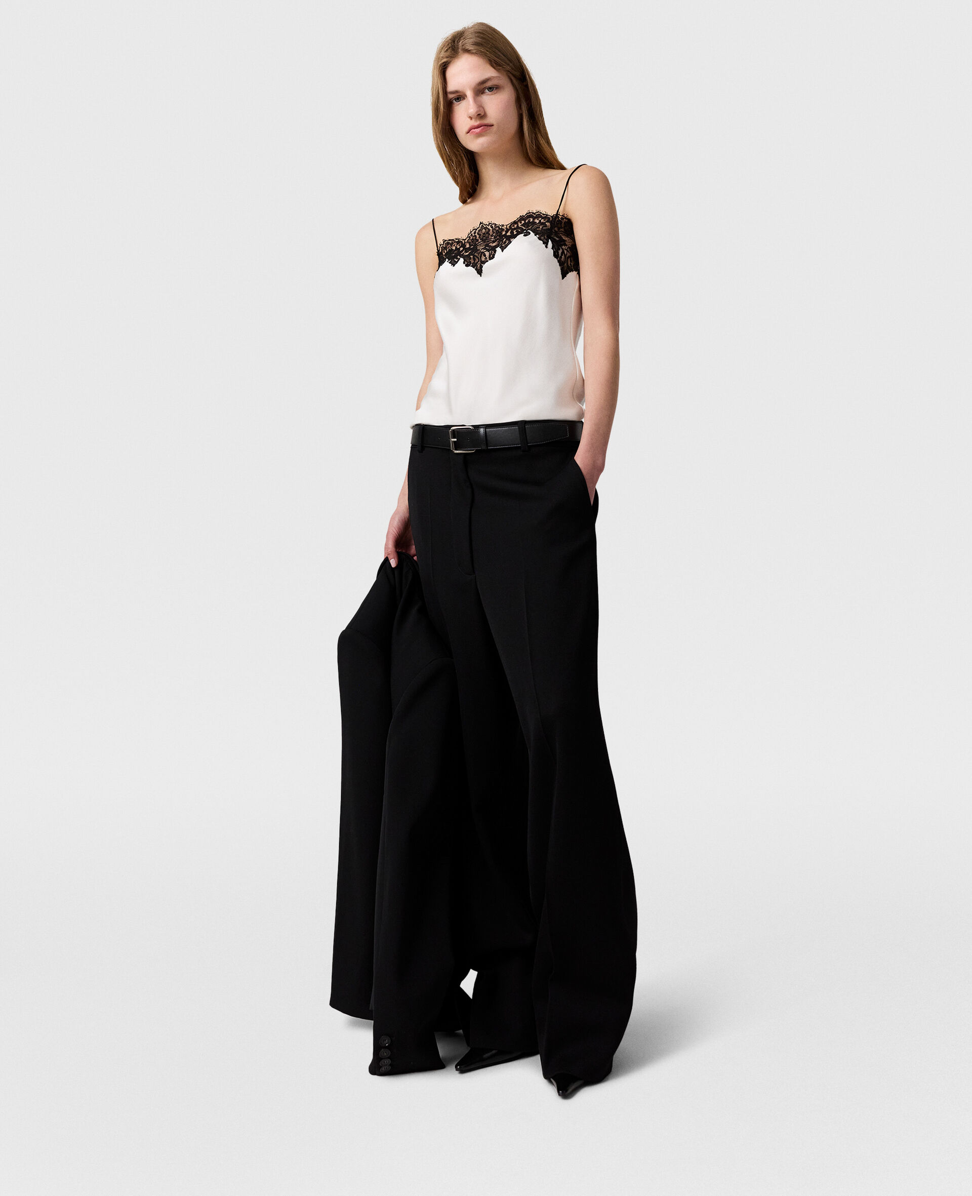 Aermelloses Top aus Satin mit Spitze-Cream-large image number 4