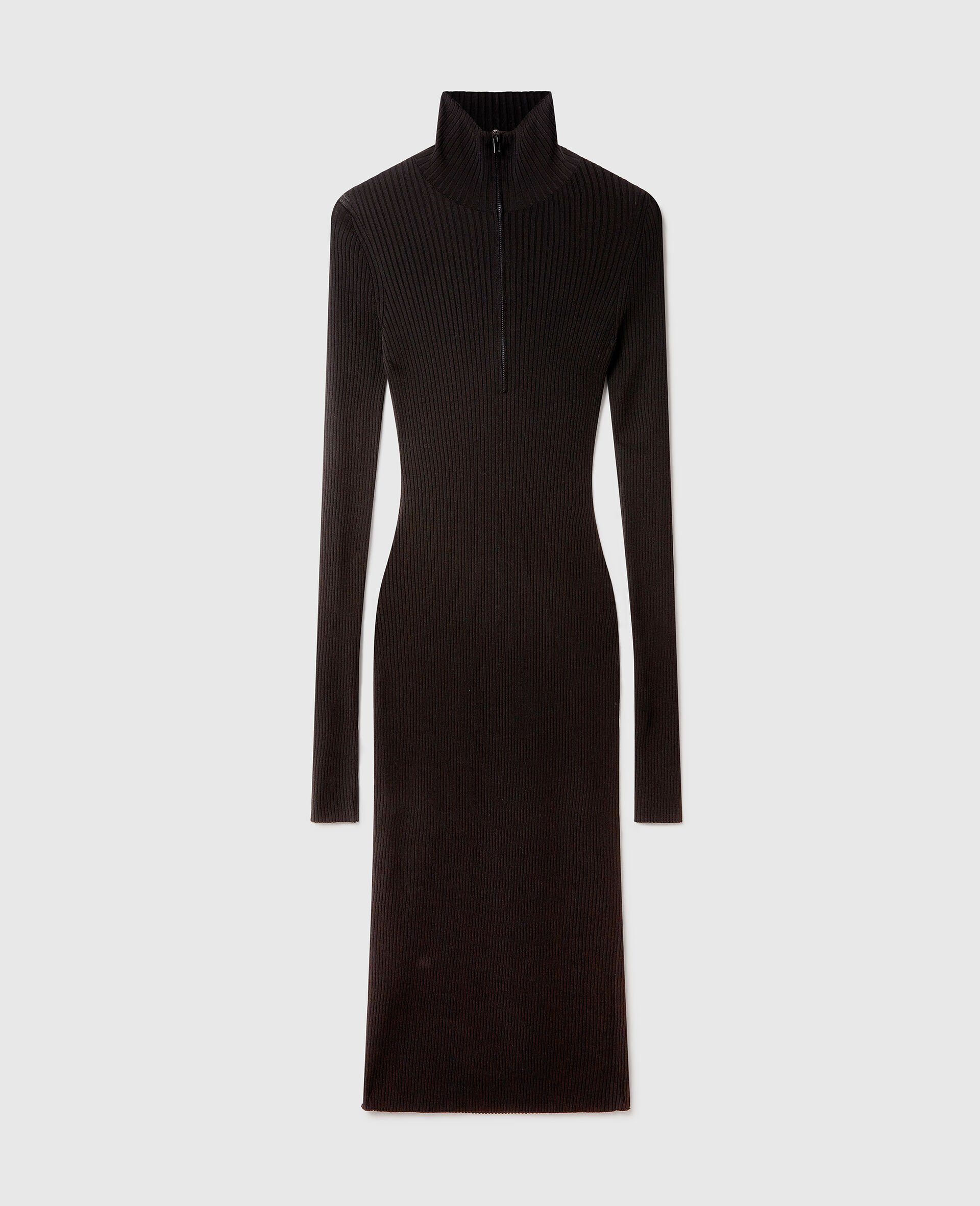 Robe midi a col zippe en maille cotelee-Noir-medium