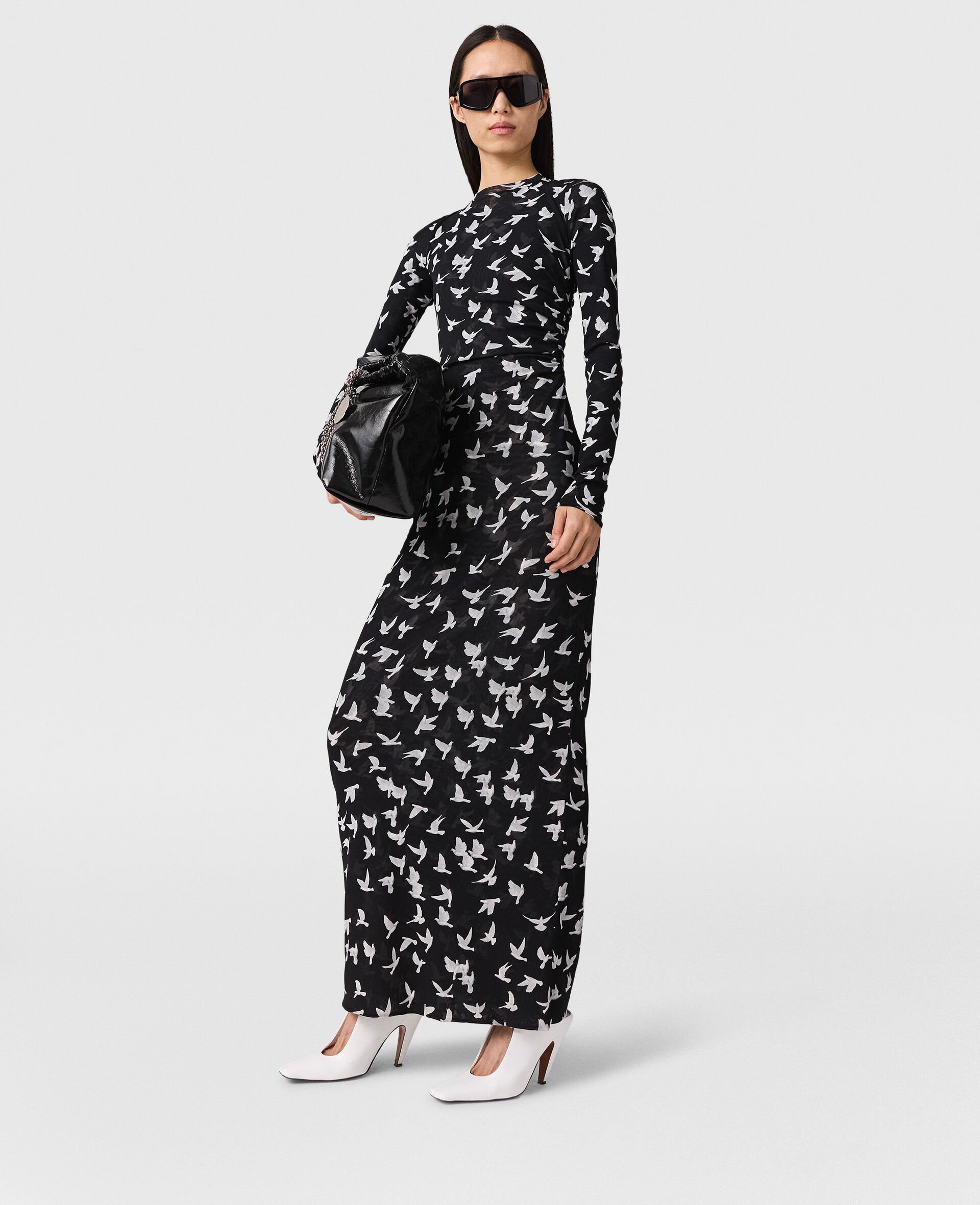 鸽子印花网眼长袖连衣裙-黑色-medium