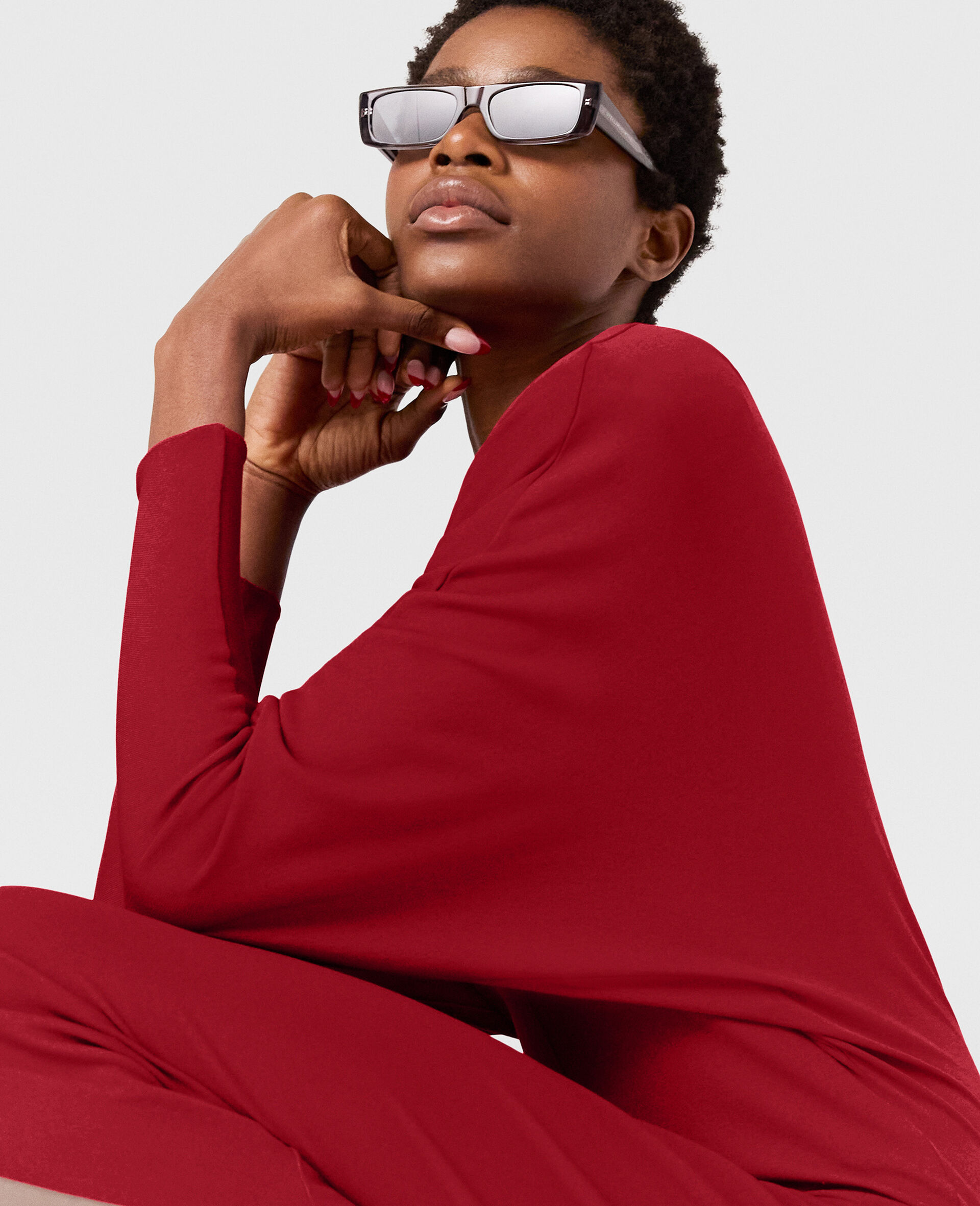 Shoulder Pad Long-Sleeved Midi Dress-Red-large image number 2