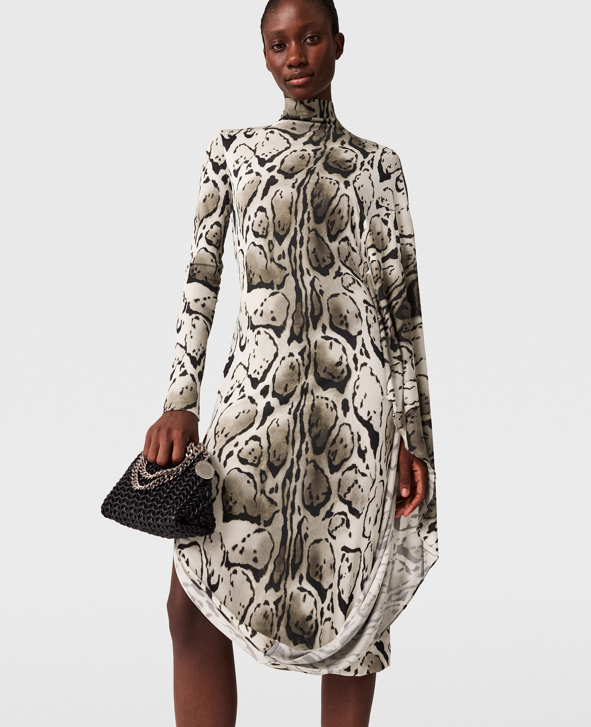 Cloud Leopard Print Draped Midi Dress-Grey-medium