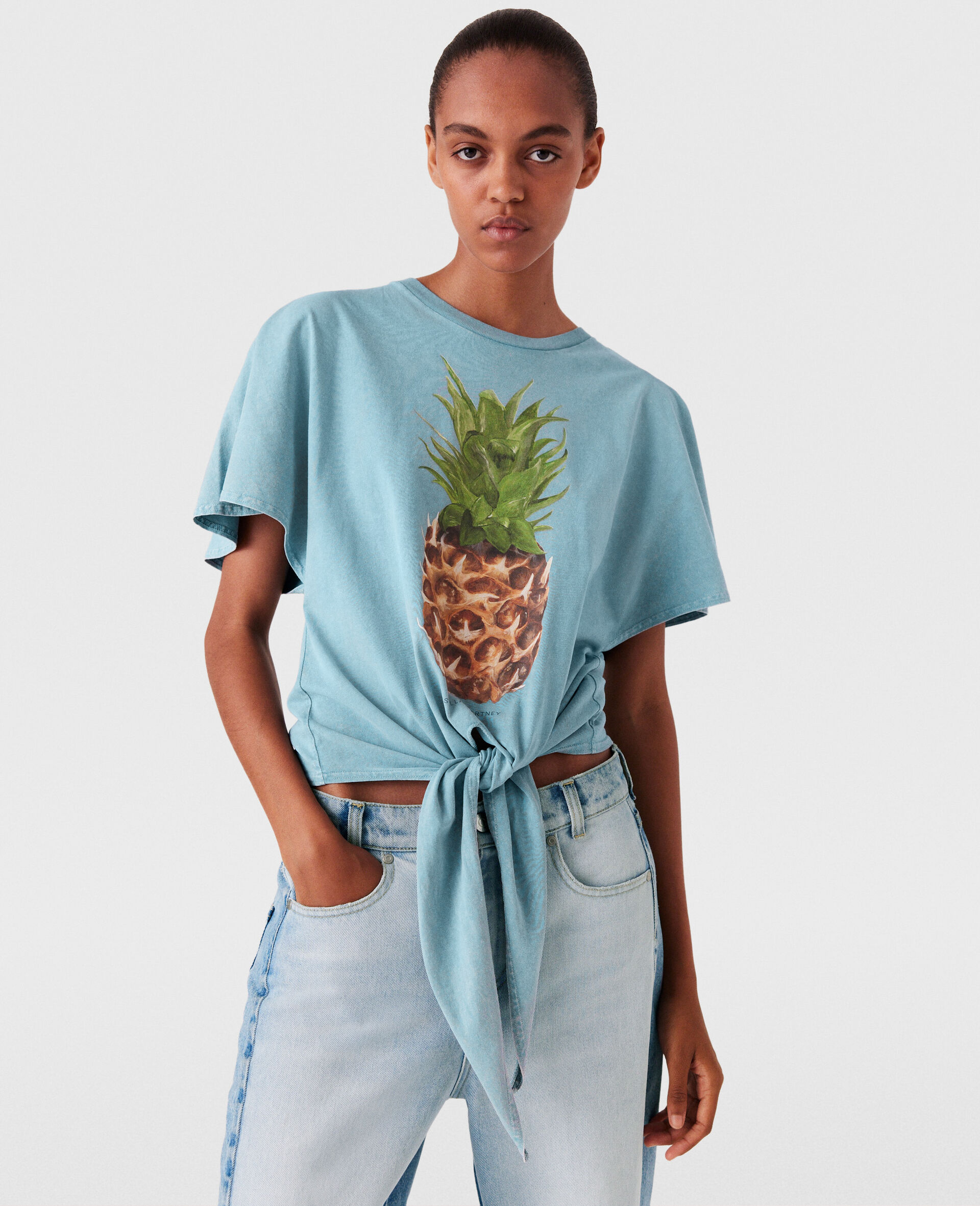 Pineapple Tie-front Cotton T-Shirt-Blue-large image number 3