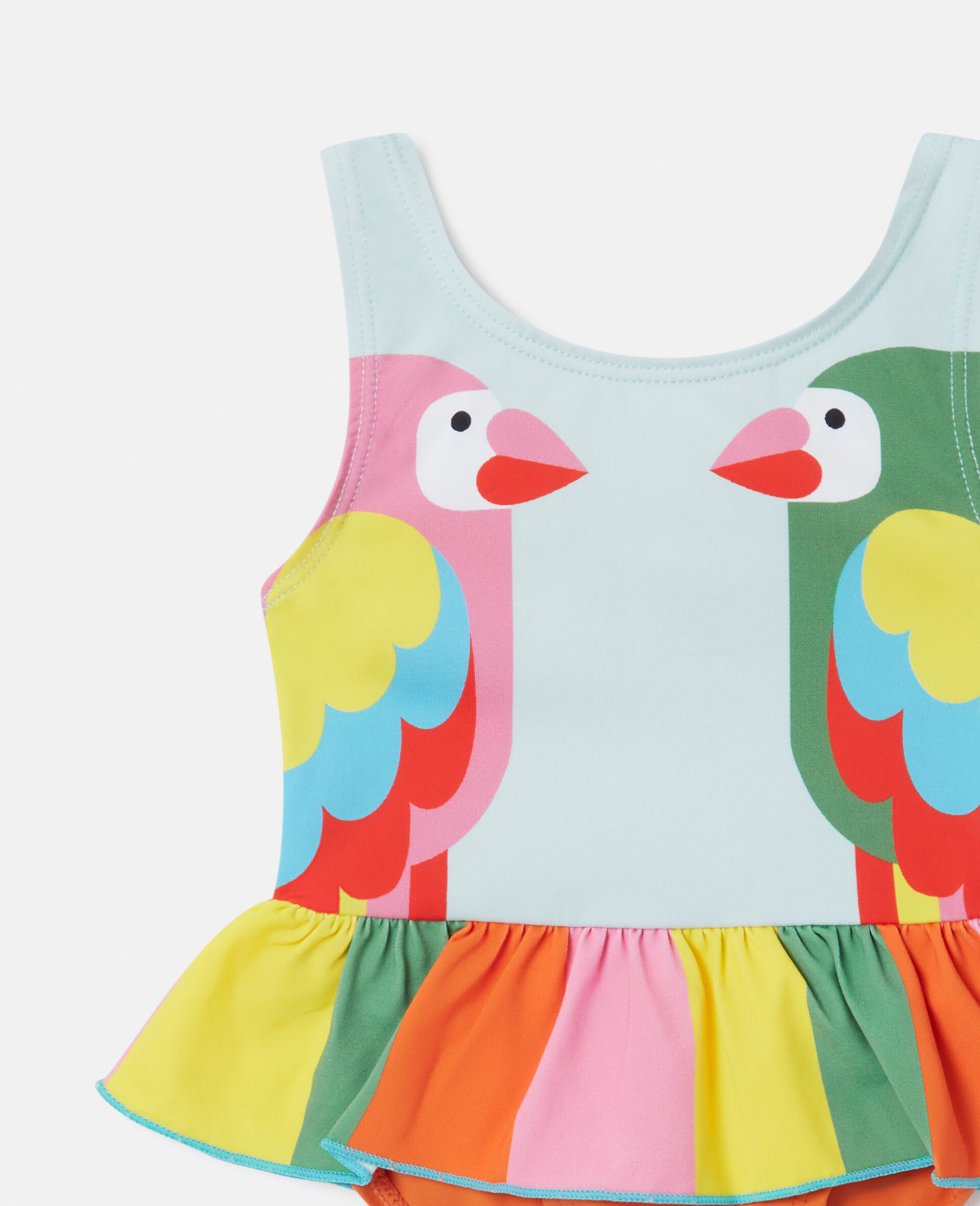 Double Parrot Print Frill Swimsuit-Blue-large image number 1