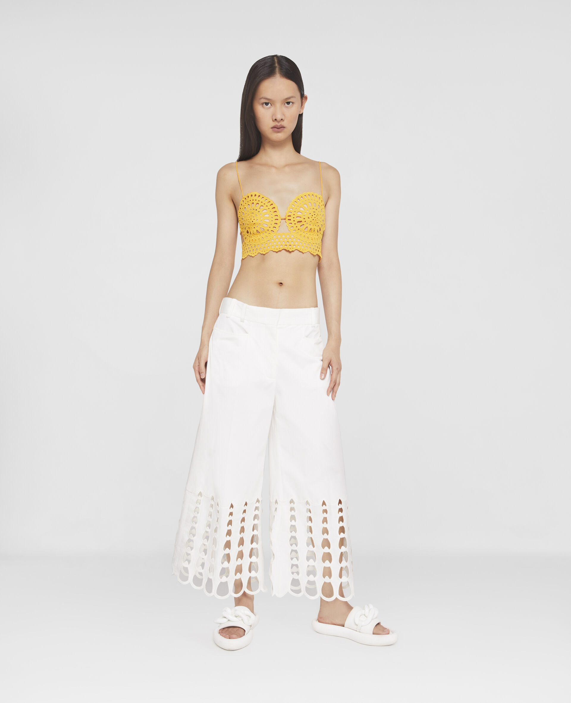 Polished Cotton Crochet Embroidery Trousers-White-large image number 1