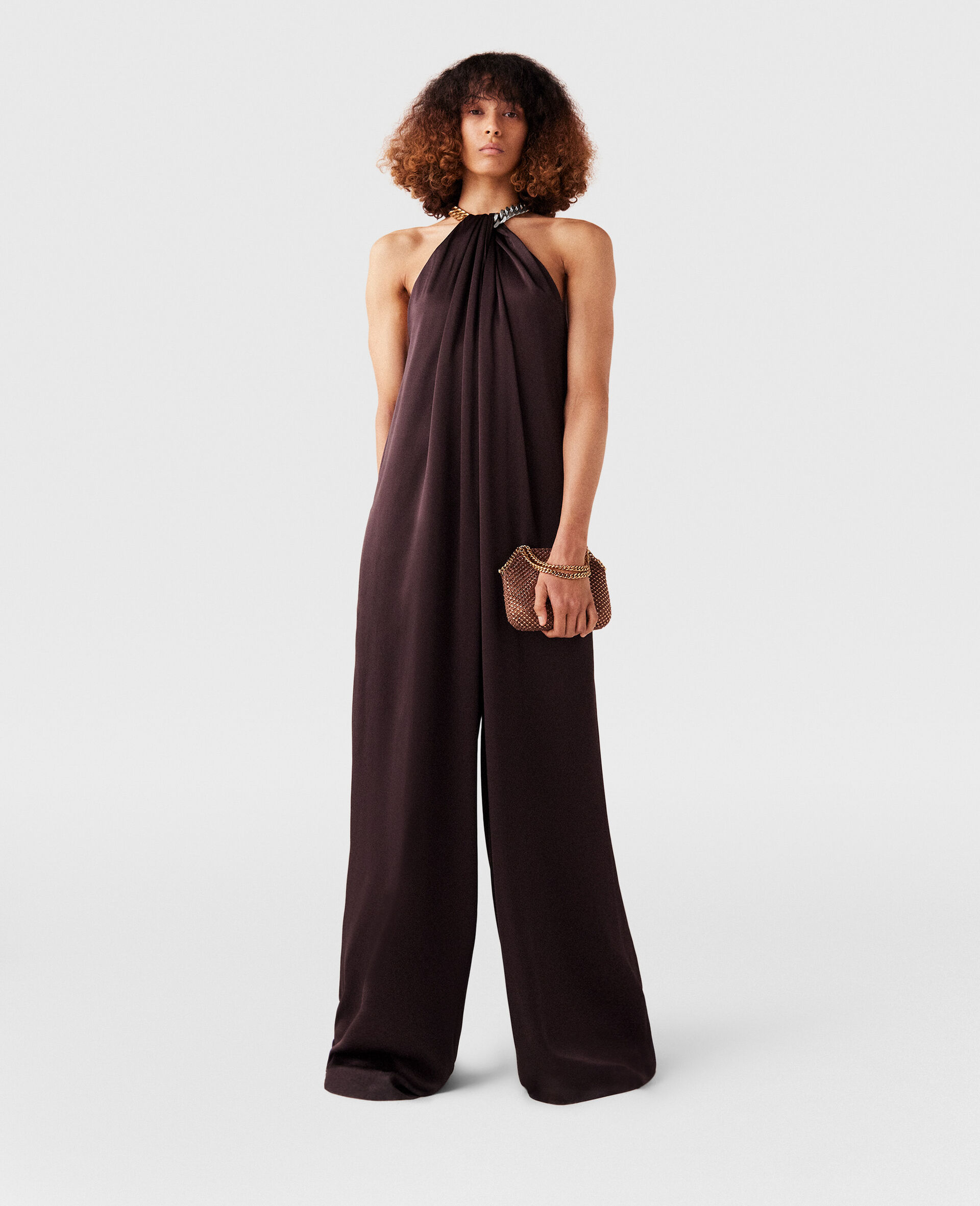 Chain Halterneck Satin Jumpsuit-Brown-model