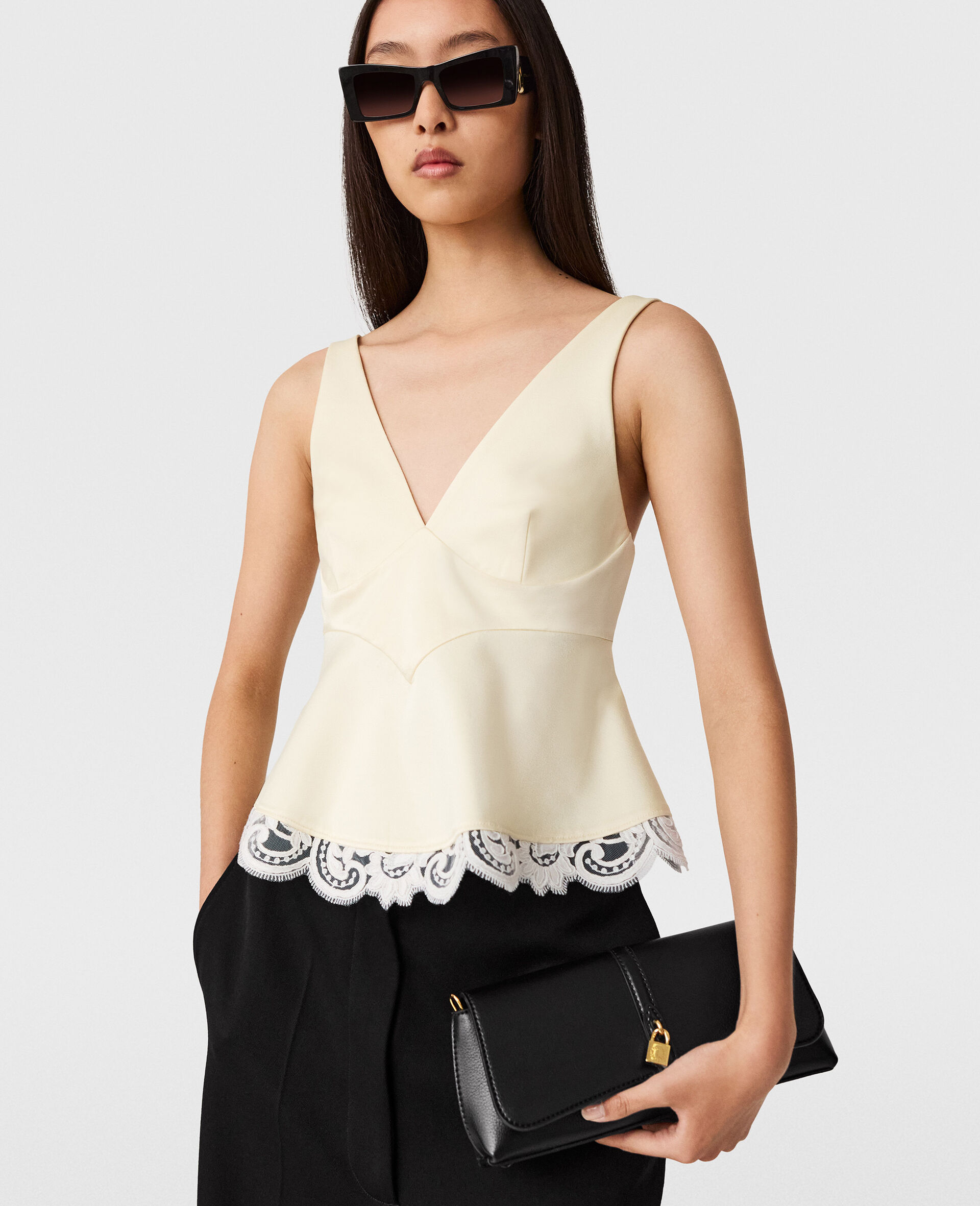 Lace-Trim V-Neck Top-Yellow-medium