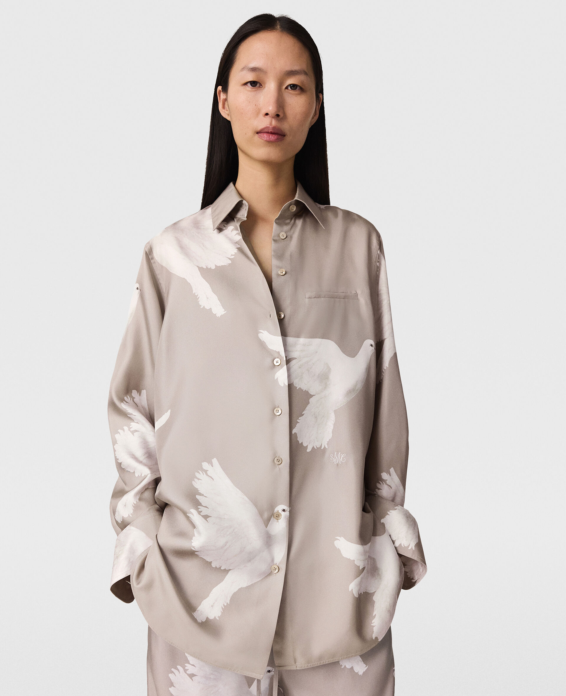 Oversized Dove Print Shirt-Beige-large image number 4