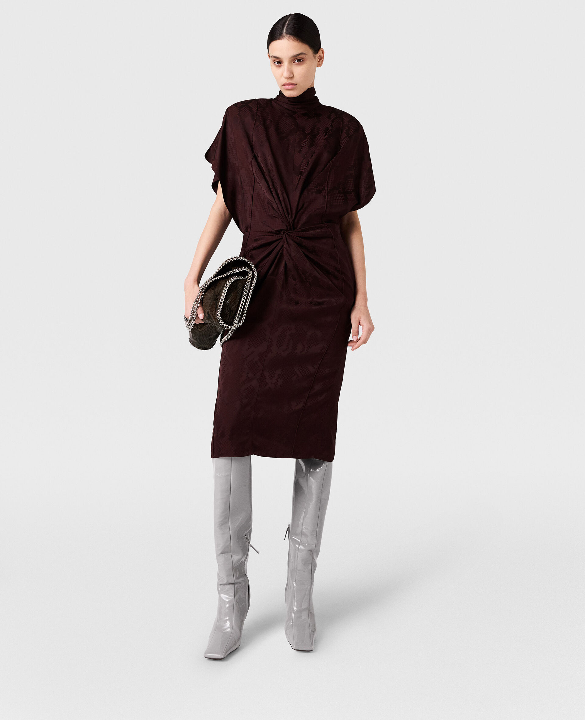 Snake Print Shoulder Pad Twist Midi Dress-Red-model