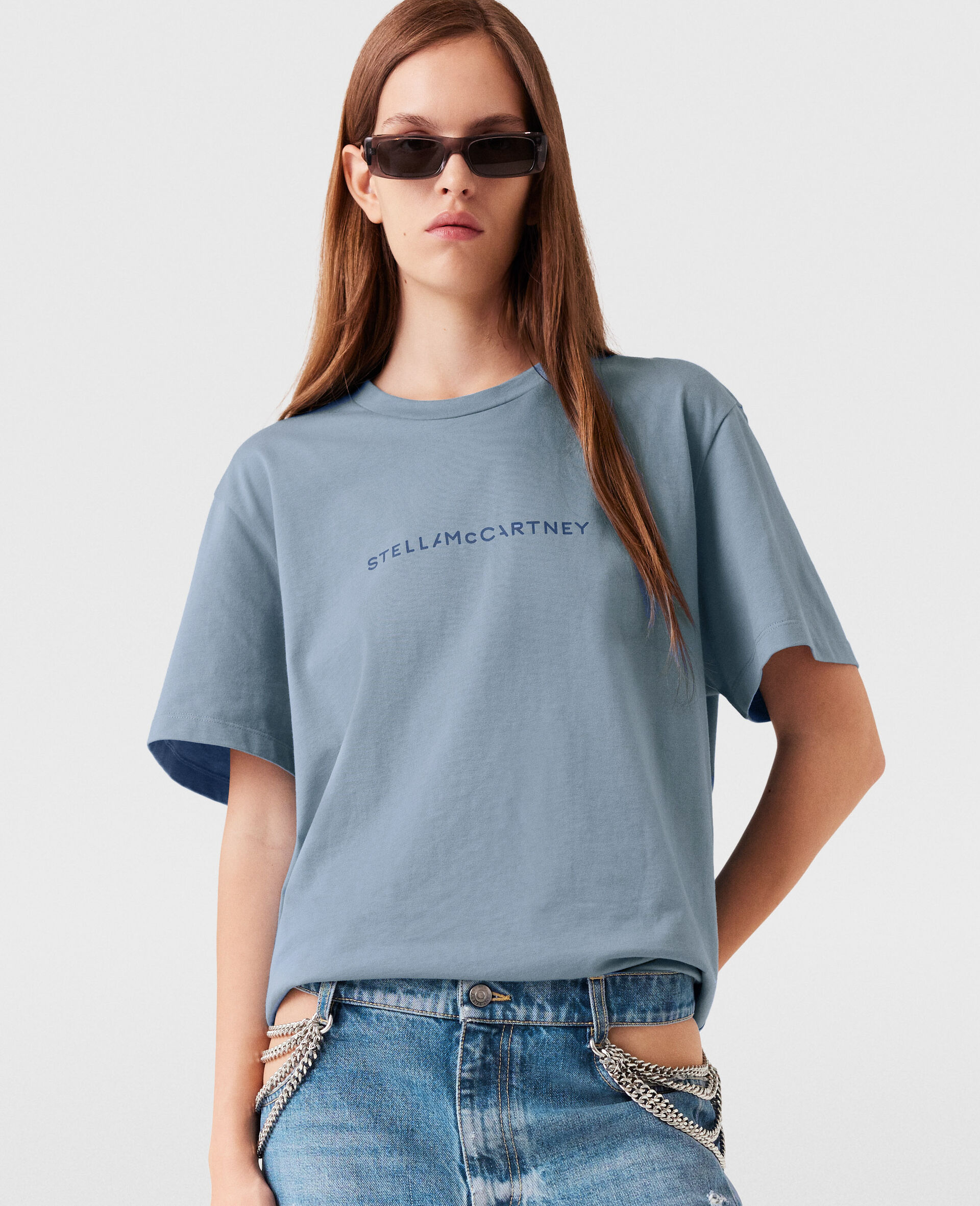 Logo Oversized Cotton T-Shirt-Blue-model
