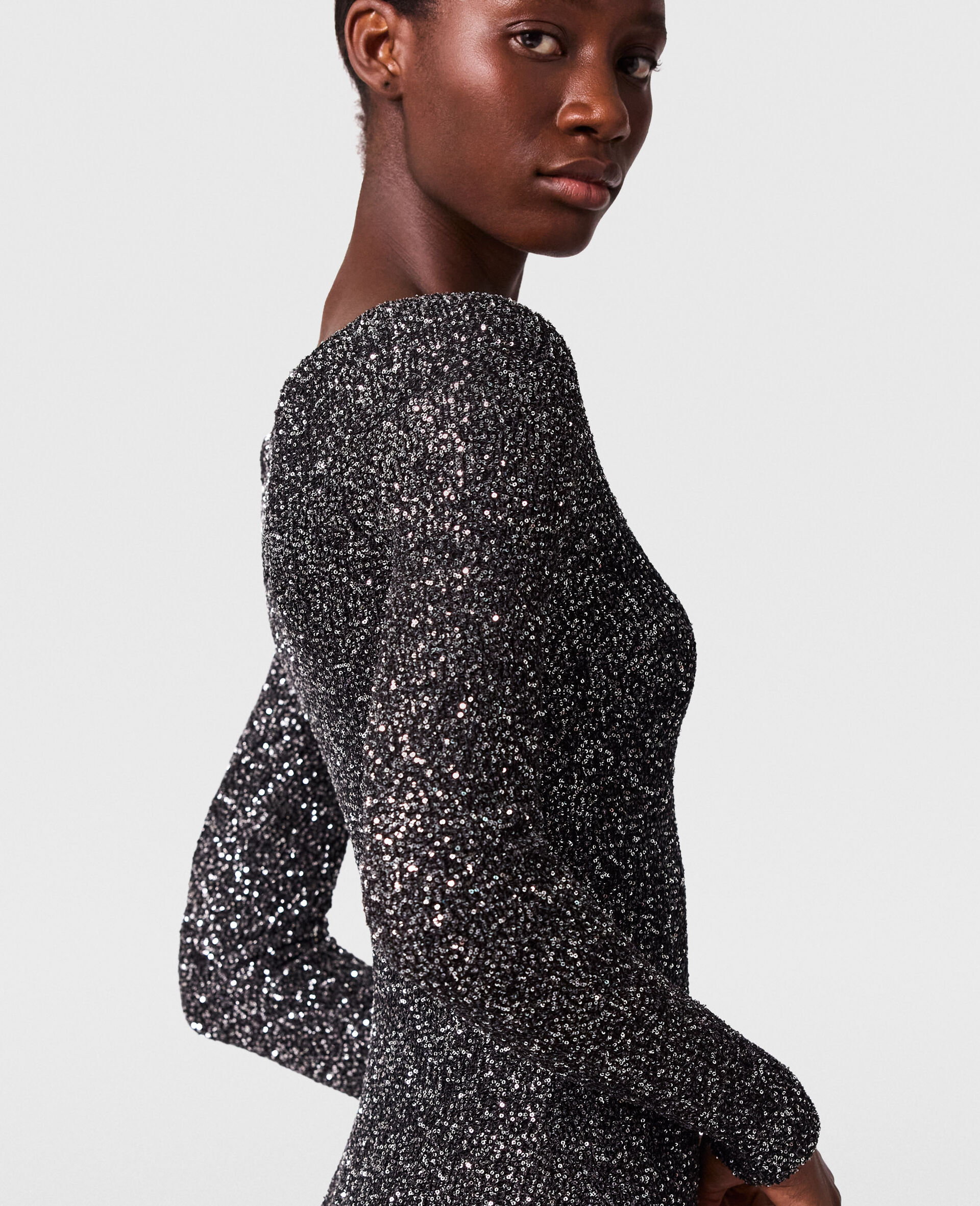 Sequin Off-Shoulder Floor-Length Dress-Black-large image number 2