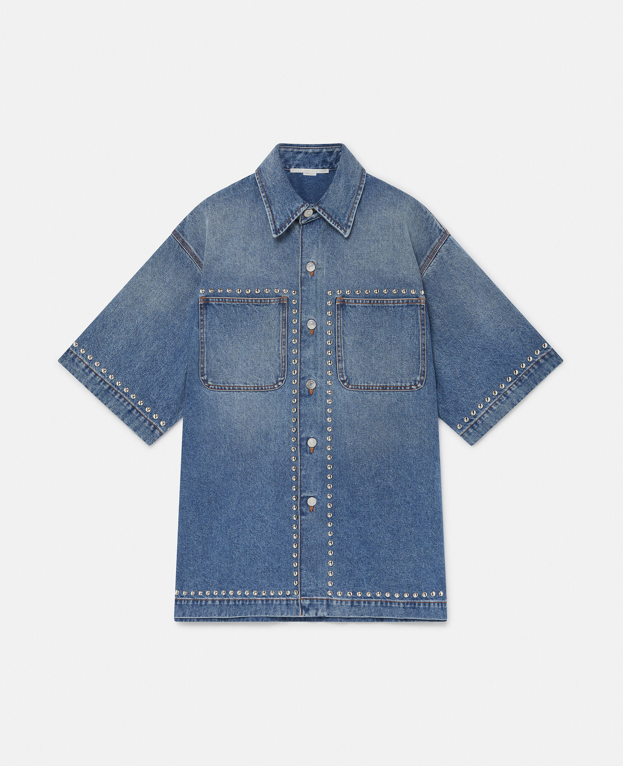 Women Classic wash blue denim Studded Short-Sleeve Denim Shirt | Stella  McCartney US