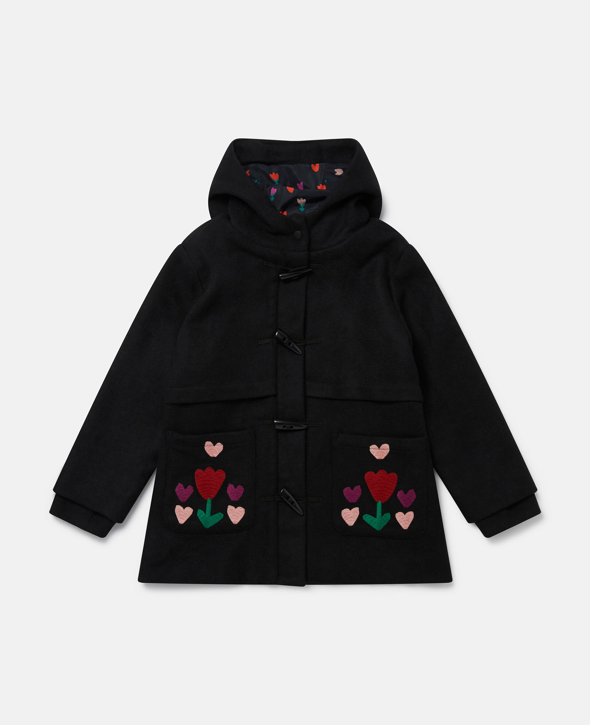 Tulip Embroidery Hooded Duffle Coat-Black-large image number 0
