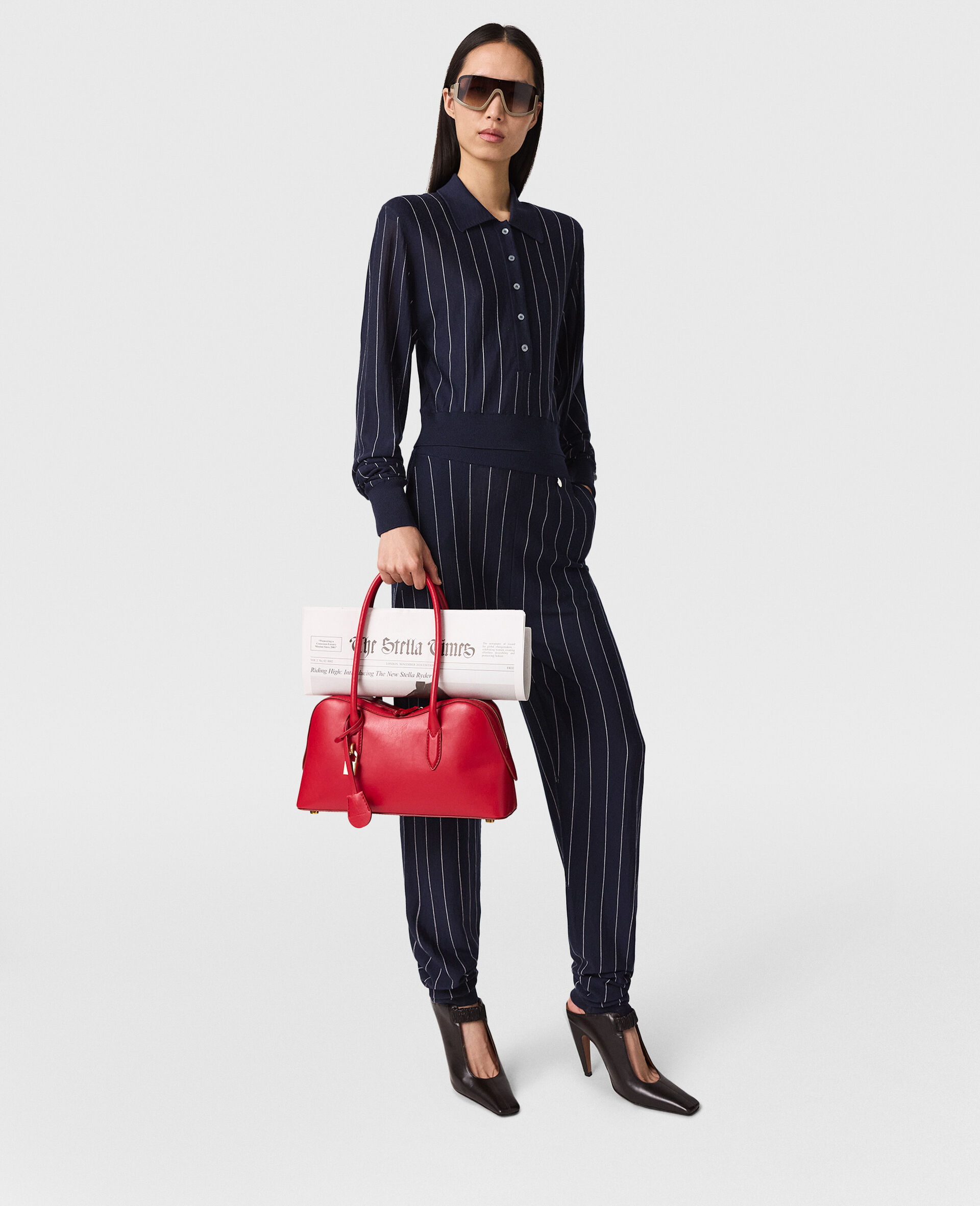 Collared Pinstripe Long Sleeve Top-Blue-large image number 5