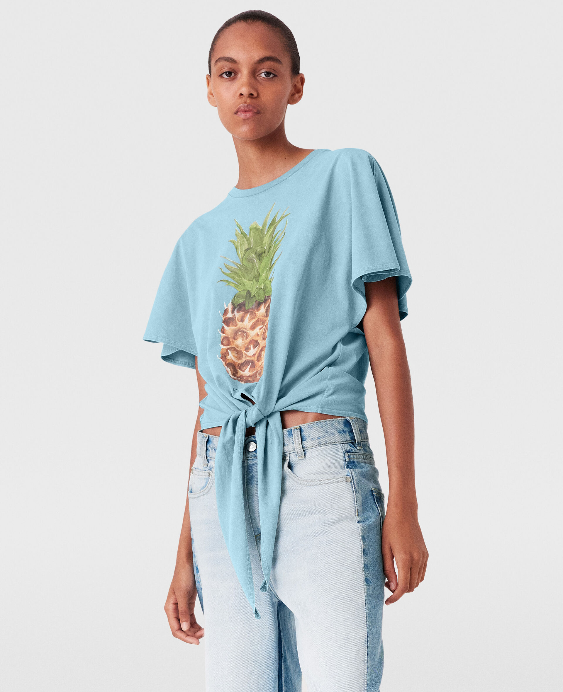Pineapple Tie-front Cotton T-Shirt-Blue-large Pineapple Tie-front Cotton T-Shirt-Blue-large image number 1