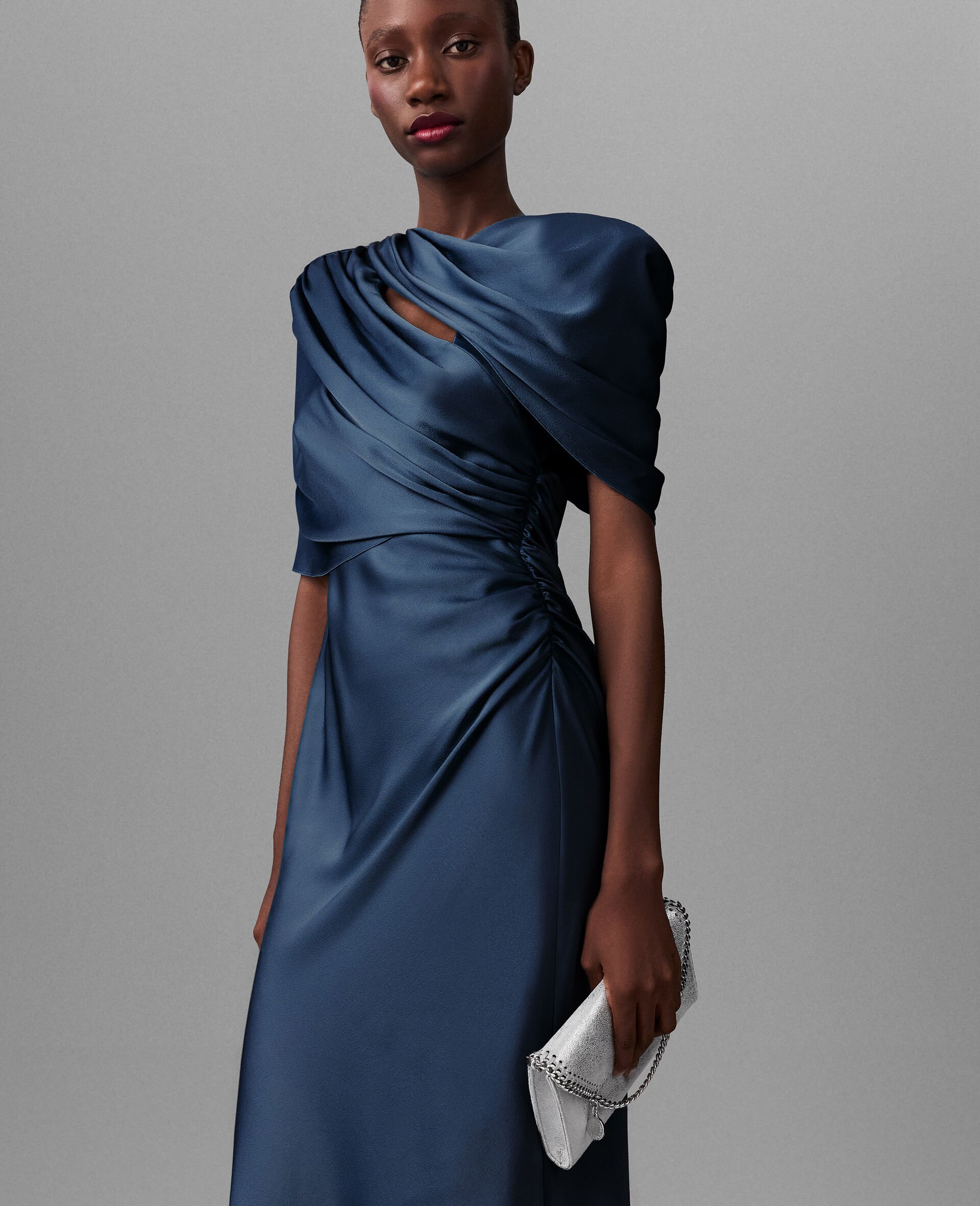 Satin Wrapped Short-Sleeve Maxi Dress-Blue-large image number 5