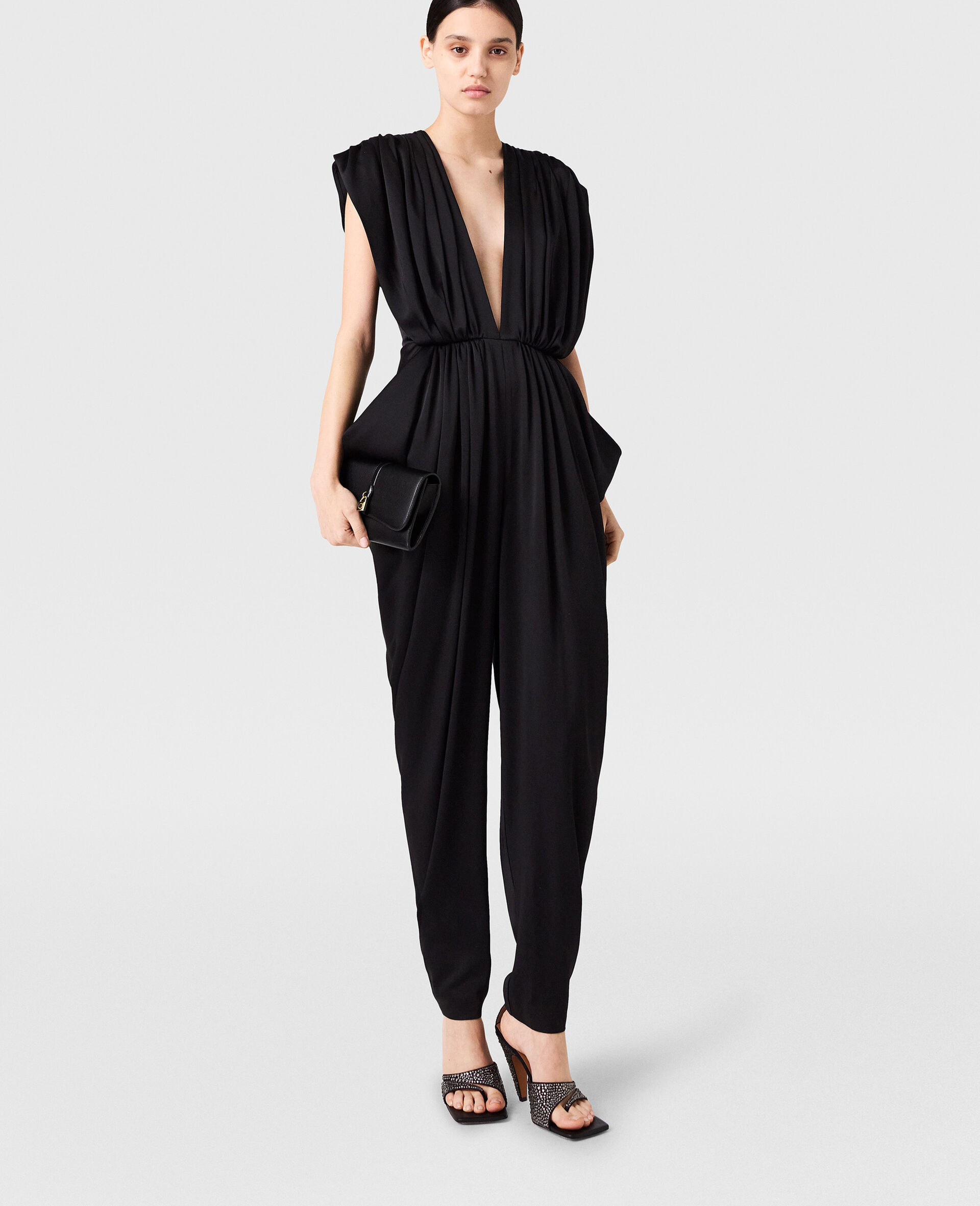Deep V-Neck Shoulder Pad Pleated Jumpsuit-Black-model